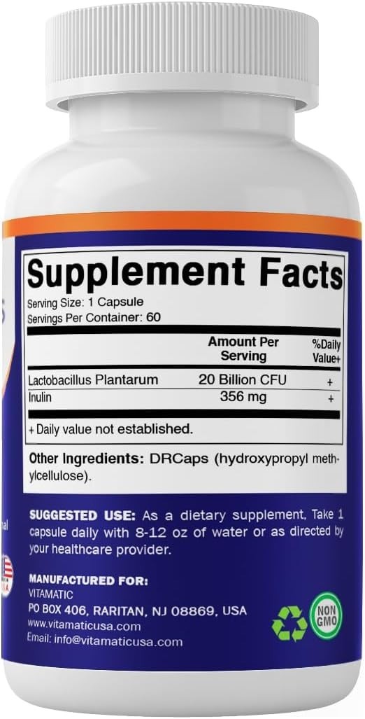 60 Count Lactobacillus Plantarum Capsules with Prebiotic Inulin for Gut Wellness