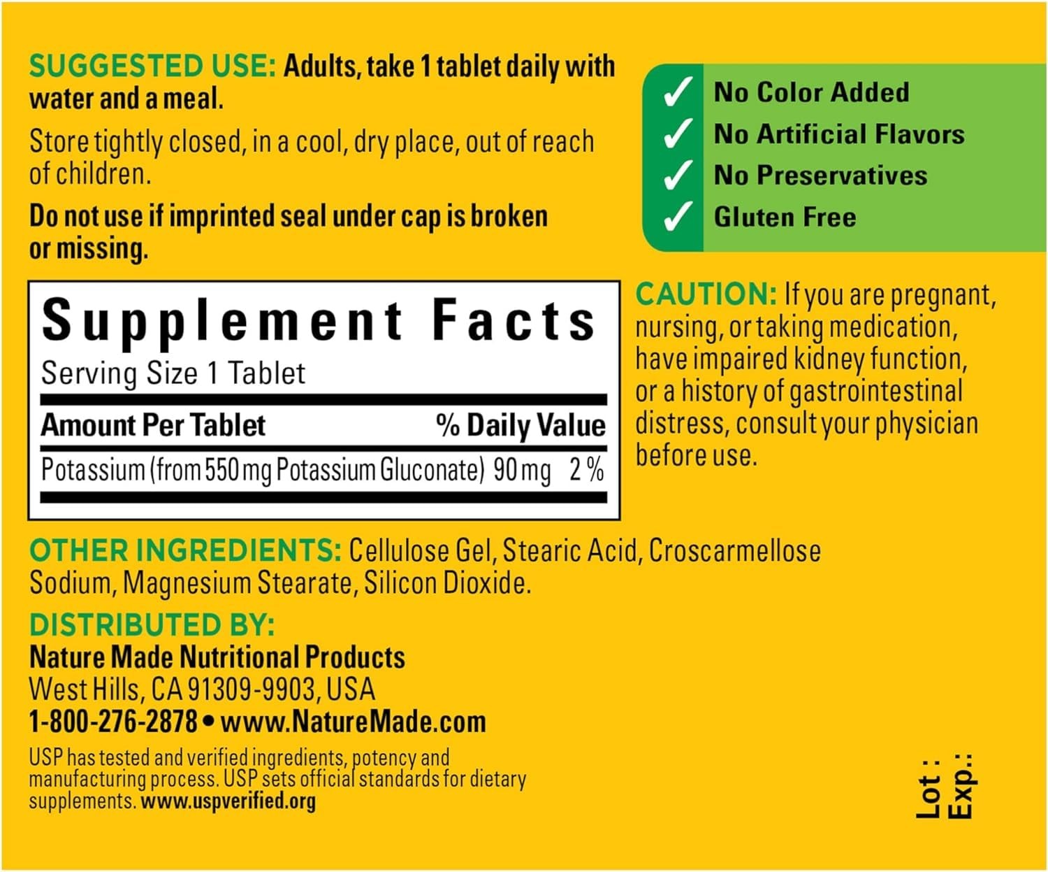Nature Made Potassium Gluconate 550mg, 100 100 Count (Pack of 1), No Color
