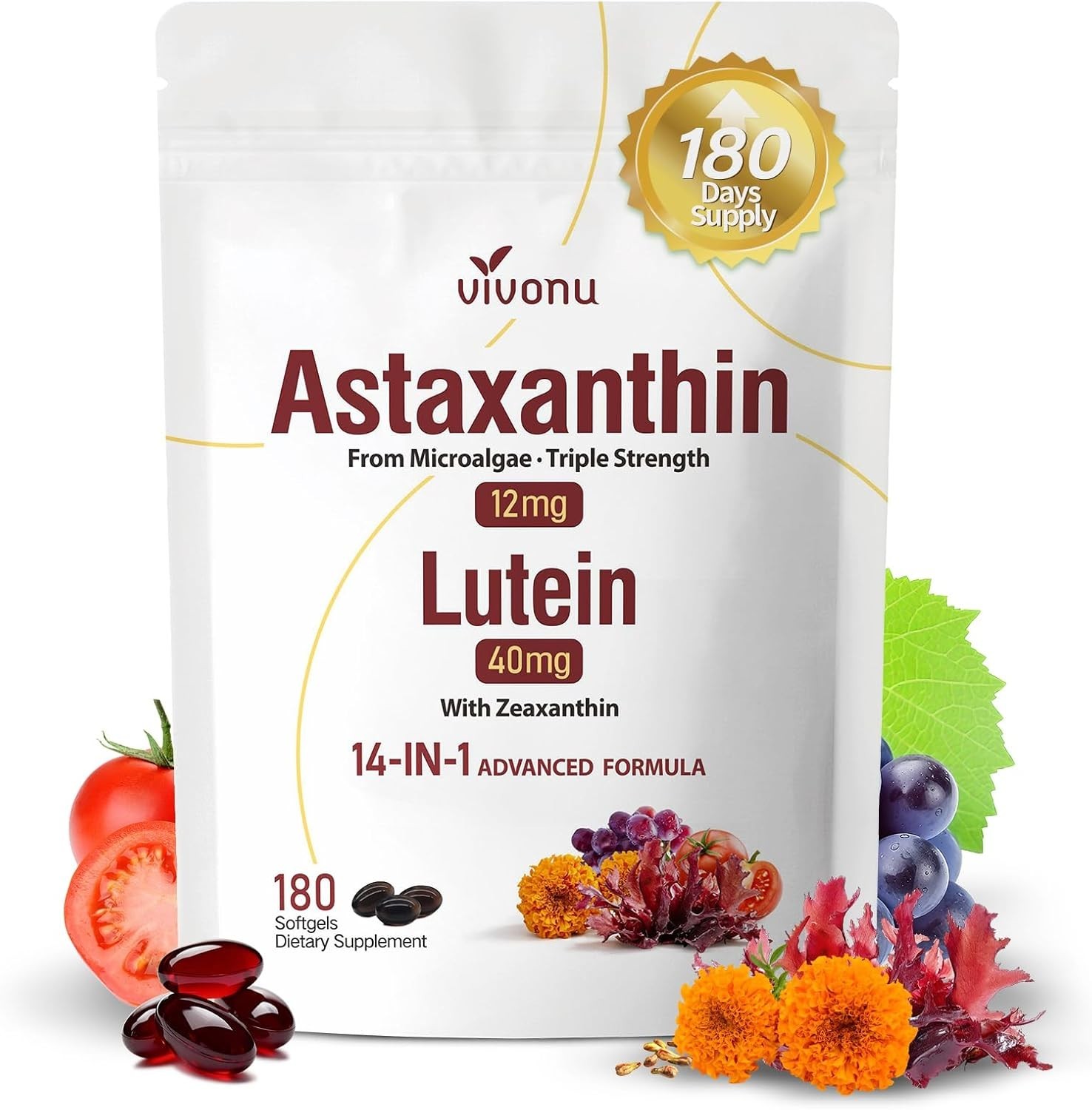 14-in-1 Astaxanthin 12mg with Lutein 40mg & Zeaxanthin Softgels, Eye Support & A