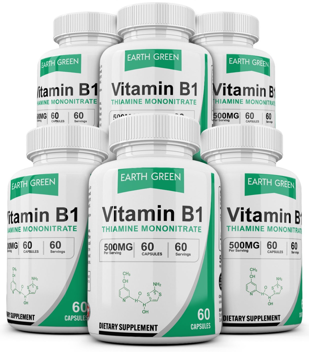 360 Capsules Vitamin B1 (Thiamin) 500mg, Gluten Free & Non-GMO 6 Bottles USA