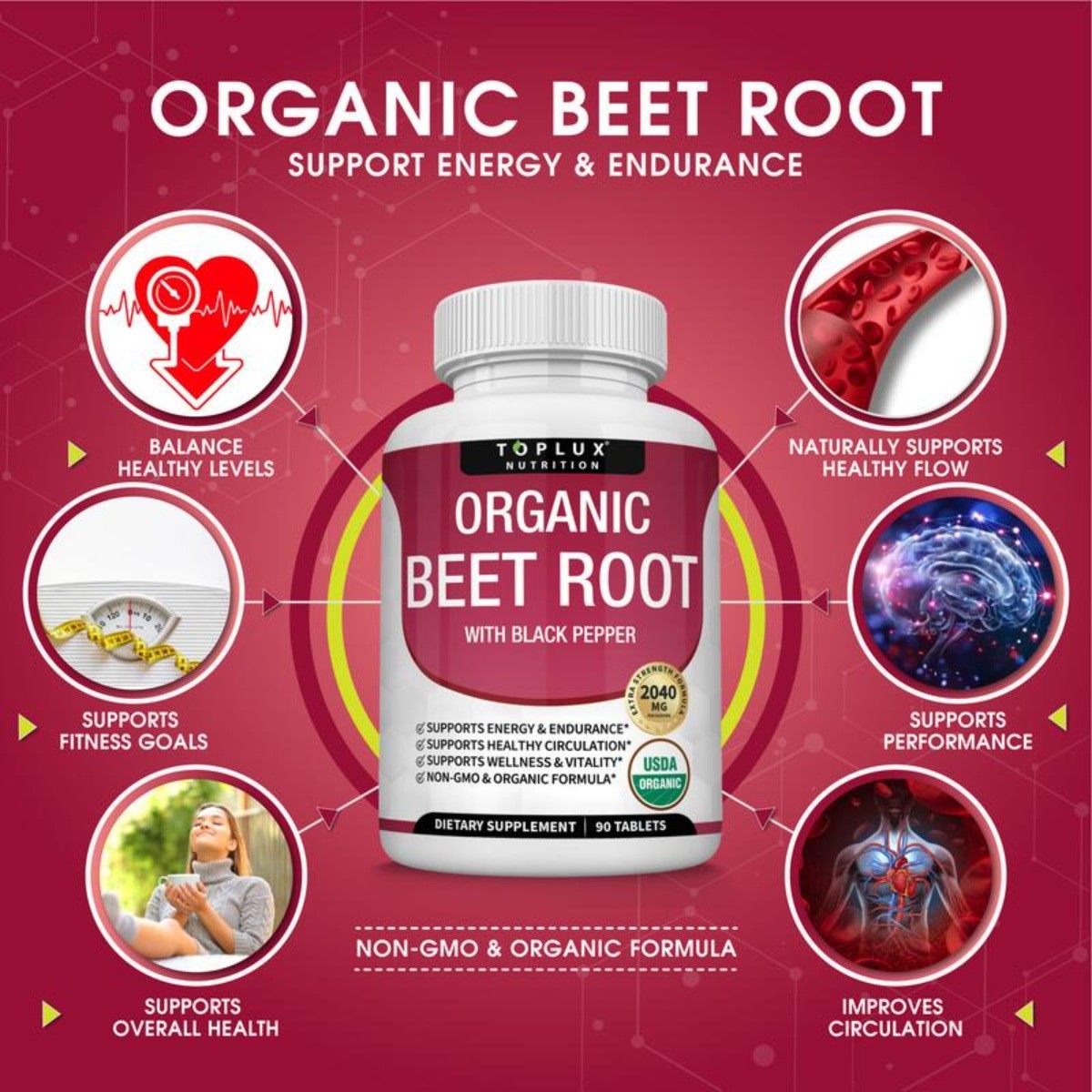 Toplux Tablets Root Organic Natural 2040mg, Beet Nitric Oxide Booster