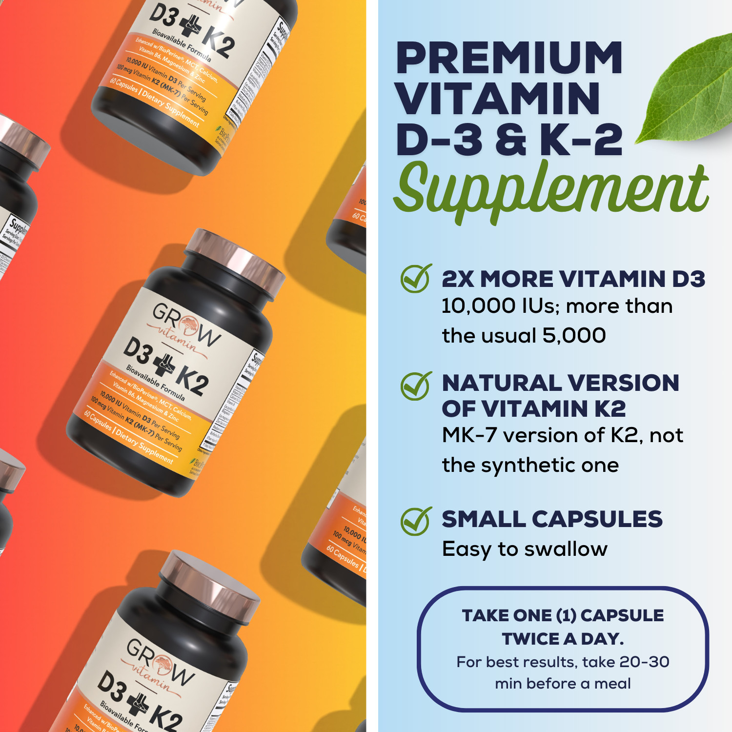 Vitamin D3 K2 with Coconut Oil | Plant Based Vitamin K2 MK7 + Vegan D3 10,000iu