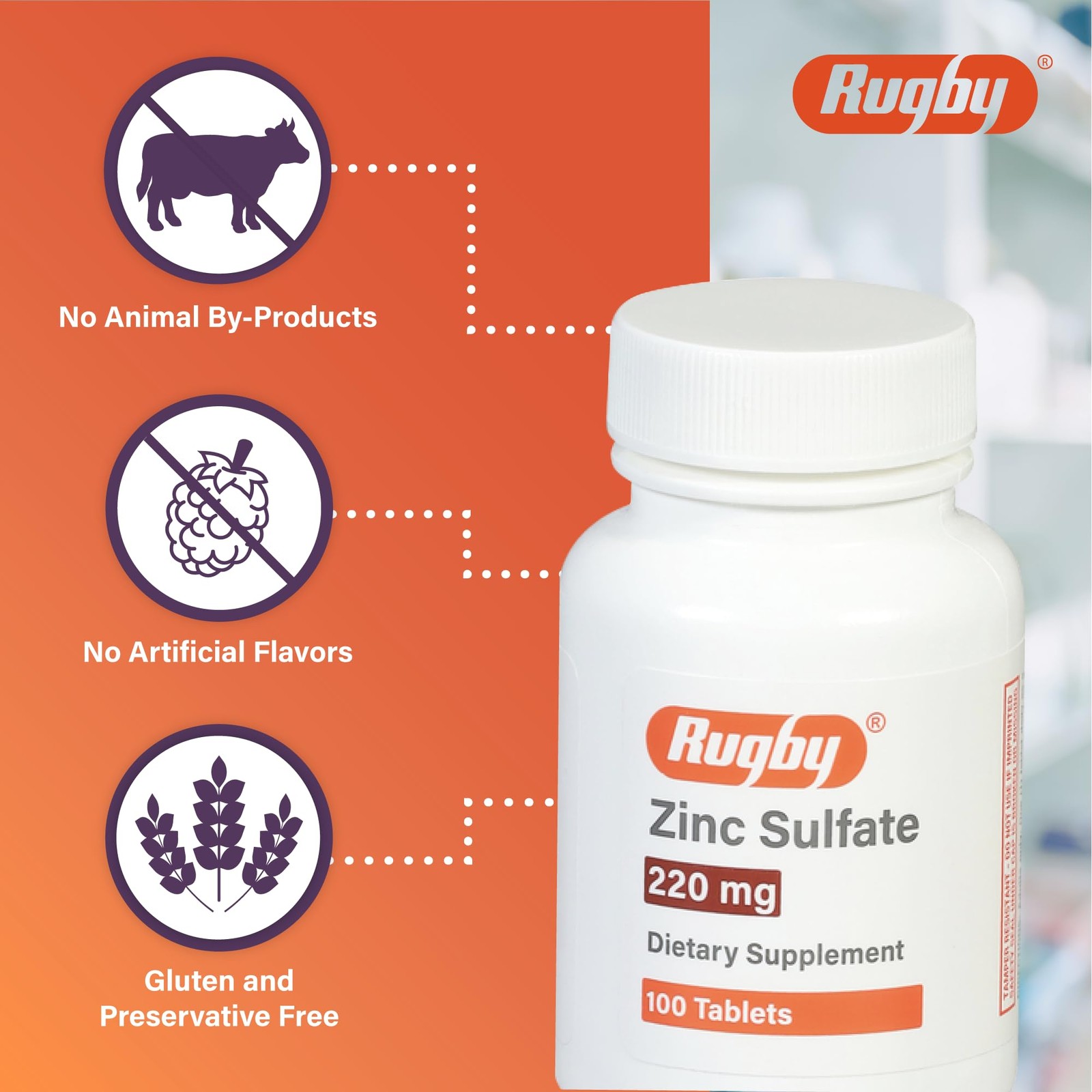 Rugby Zinc Sulfate 220 mg Tablets – Made with 100 Count (Pack of 1)