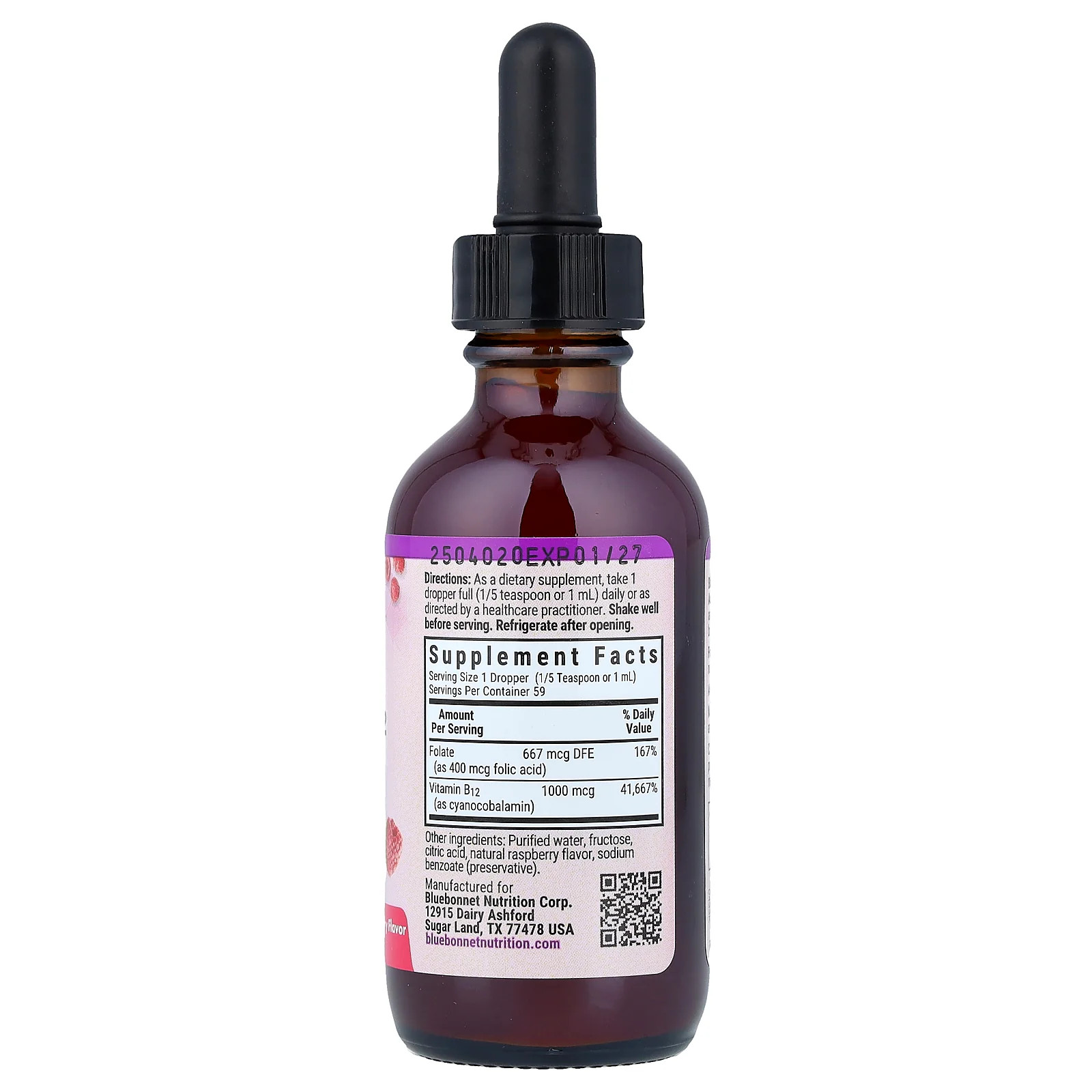 2 X Bluebonnet Nutrition, Liquid Vitamin B-12 & Folic Acid, Raspberry , 2 fl oz