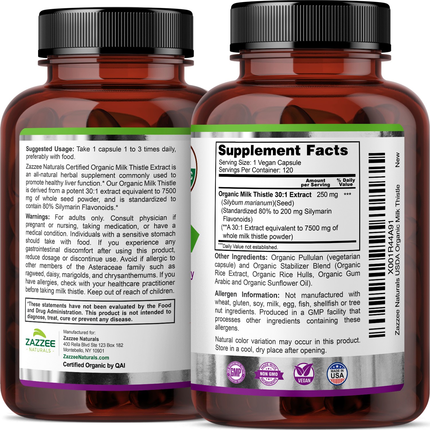 USDA Organic Milk Thistle 7500 mg Strength 120 Veggie Caps 80% Silymarin 30:1