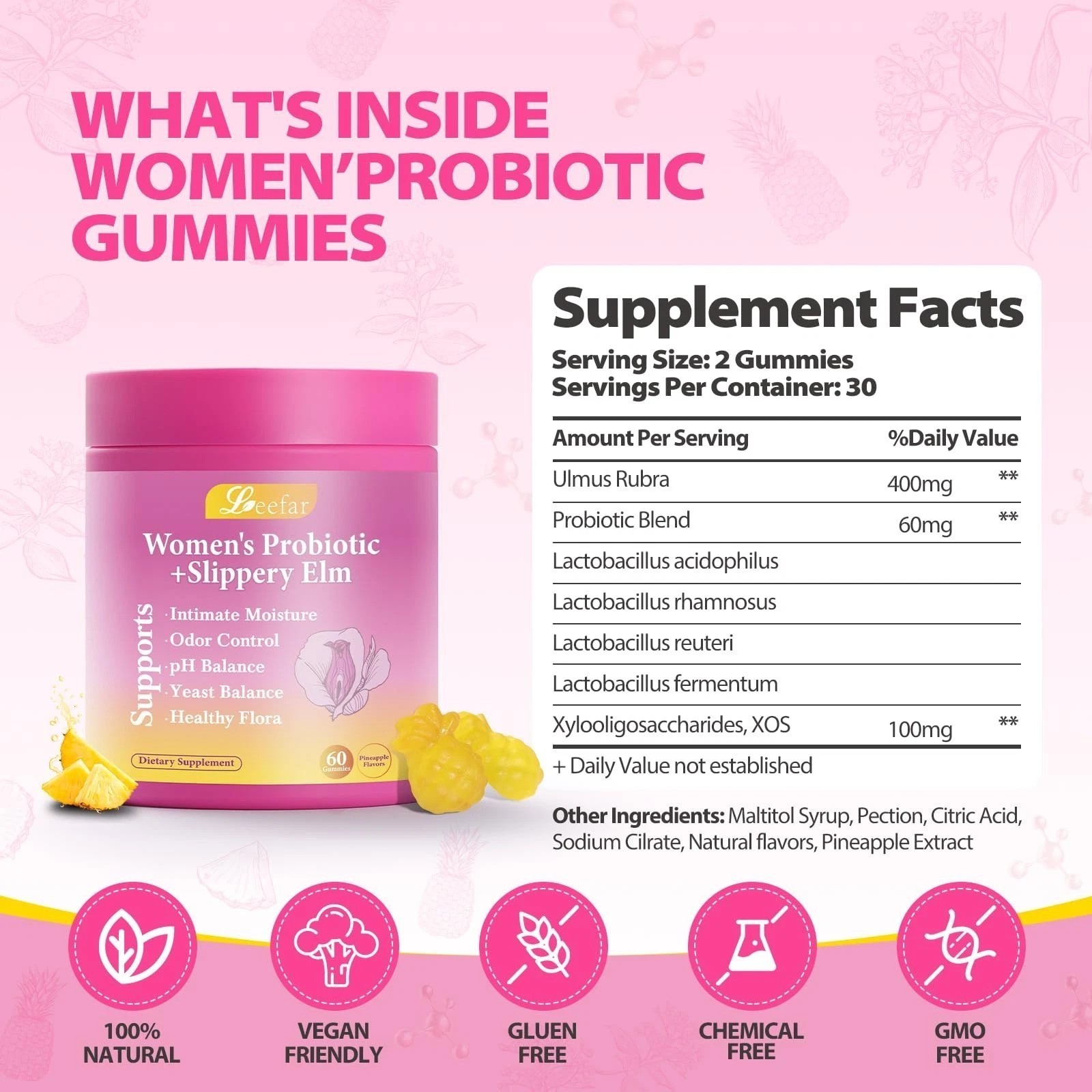 Women’s Probiotic Gummies + Slippery Elm, Pineapple, 60ct