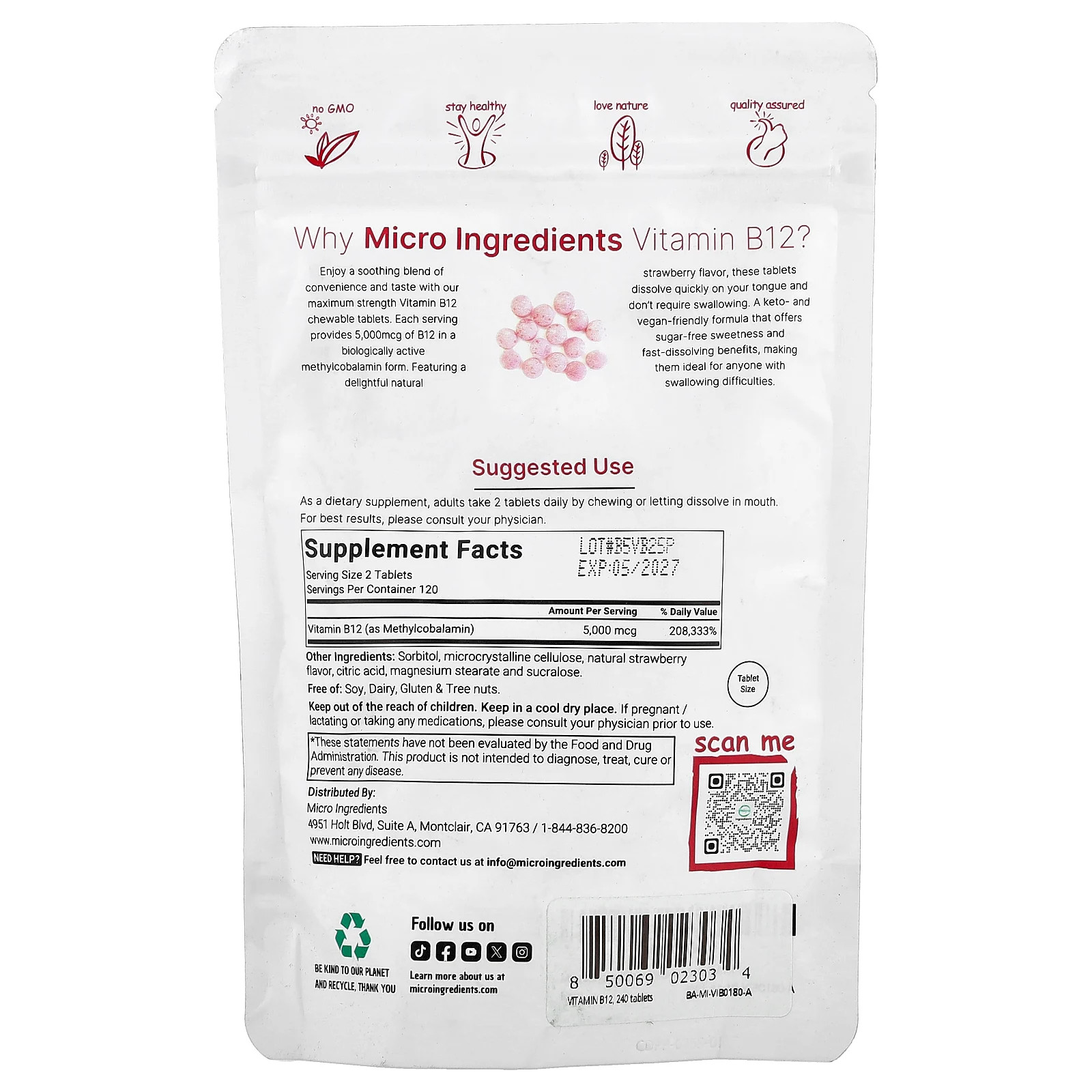 Vitamin B12 Methylcobalamin, Strawberry, 240 Chewable Tablets (2,500 mcg per