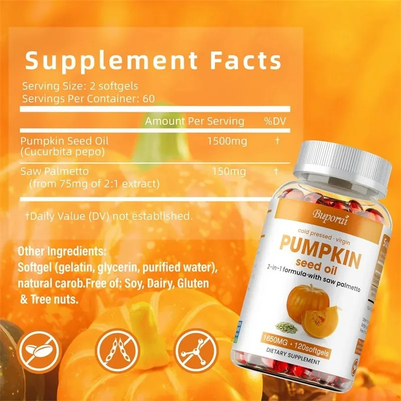 Pumpkin Seed Oil 120pcs – Support Prostate and Urinary Tract Health, Hair Growth