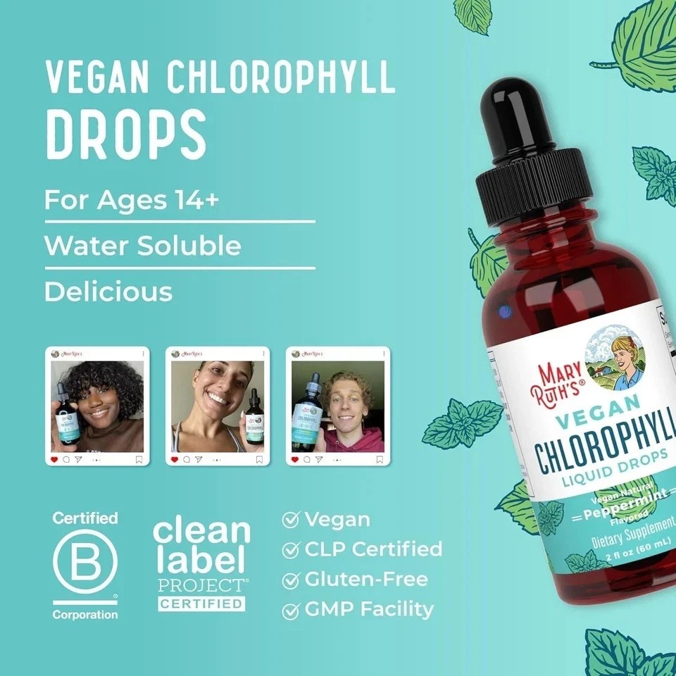 NEW Mary Ruth’s VEGAN Chlorophyll Liquid Drops Peppermint Flavored 2Fl Oz (60ml)