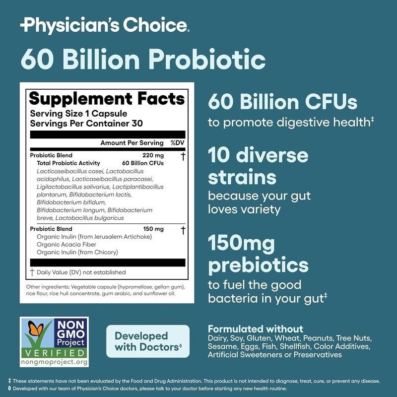 Physician’s Choice Probiotics 60 Billion CFU10 Strains + Organic Prebiotics NEW