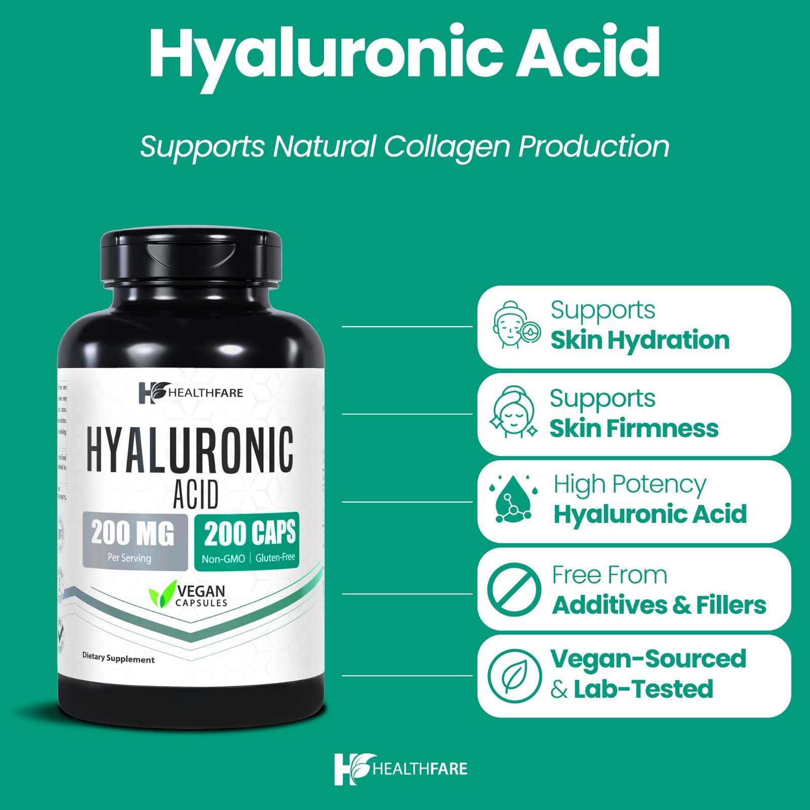 HealthFare Hyaluronic Acid 200mg, 200 Vegan Capsules – Gluten Free, Non-GMO
