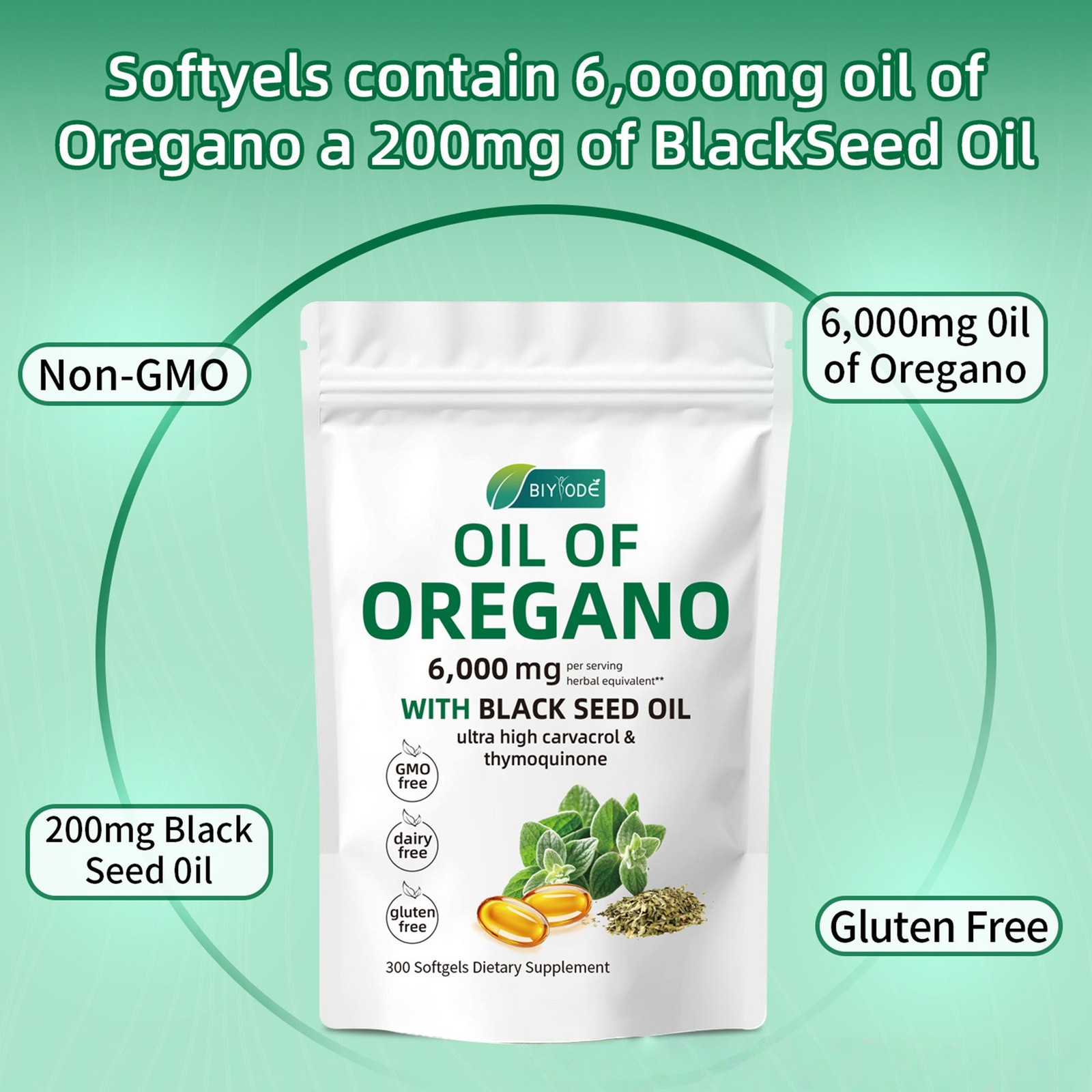1-3pcs Oregano Oil Capsules 300 Count 1000mg Oil of Oregano with Black Seed oil