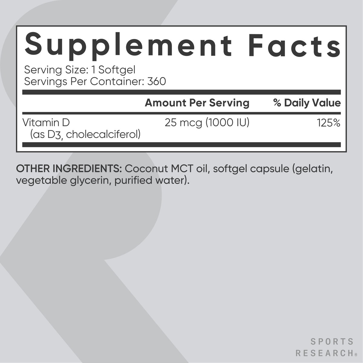 Vitamin D3 1000 IU with Coconut Oil – Non-GMO Gluten & Soy Free (360 Softgels)