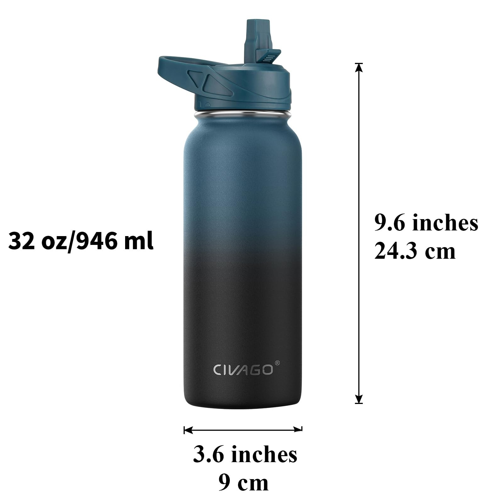 CIVAGO 32 oz Insulated Water Bottle With Straw, Stainless 32 Ounces, Black