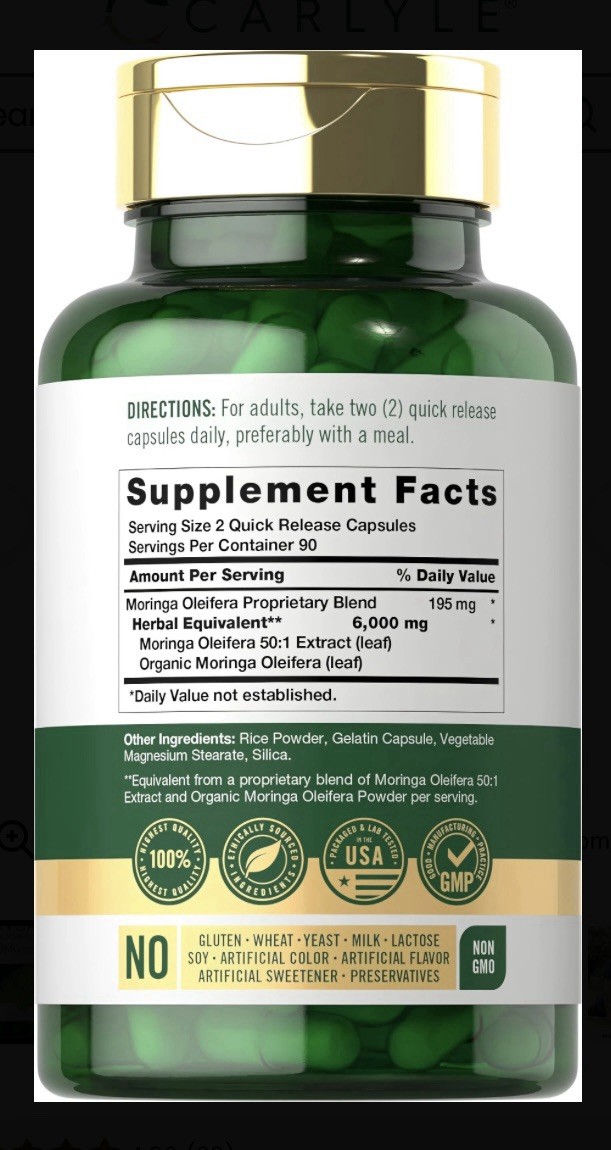 Moringa Oleifera Capsules 6000 Mg | 180 Count | Green Superfood