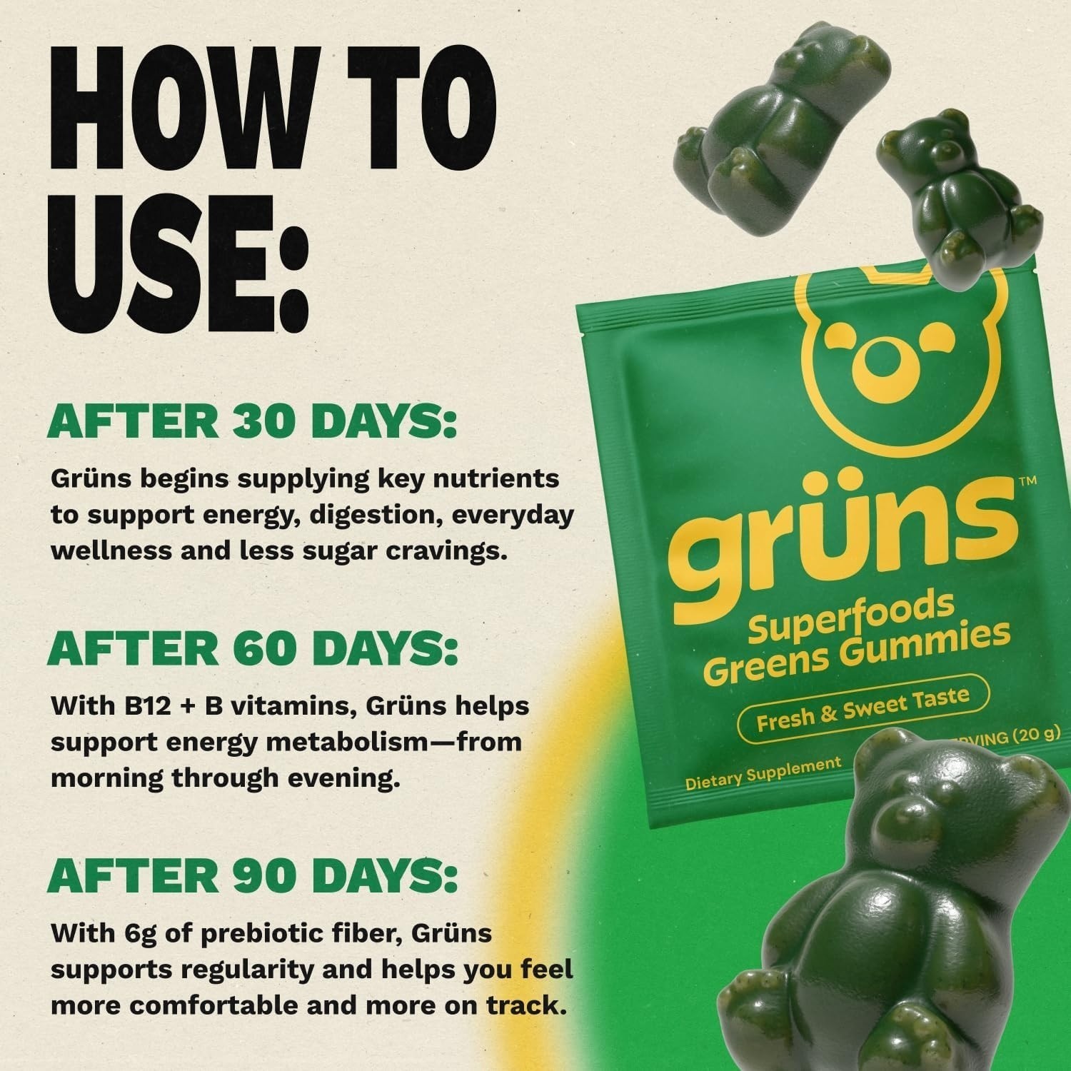 Grüns Superfood Greens Gummies – Digestive & Immune Support – 60ct