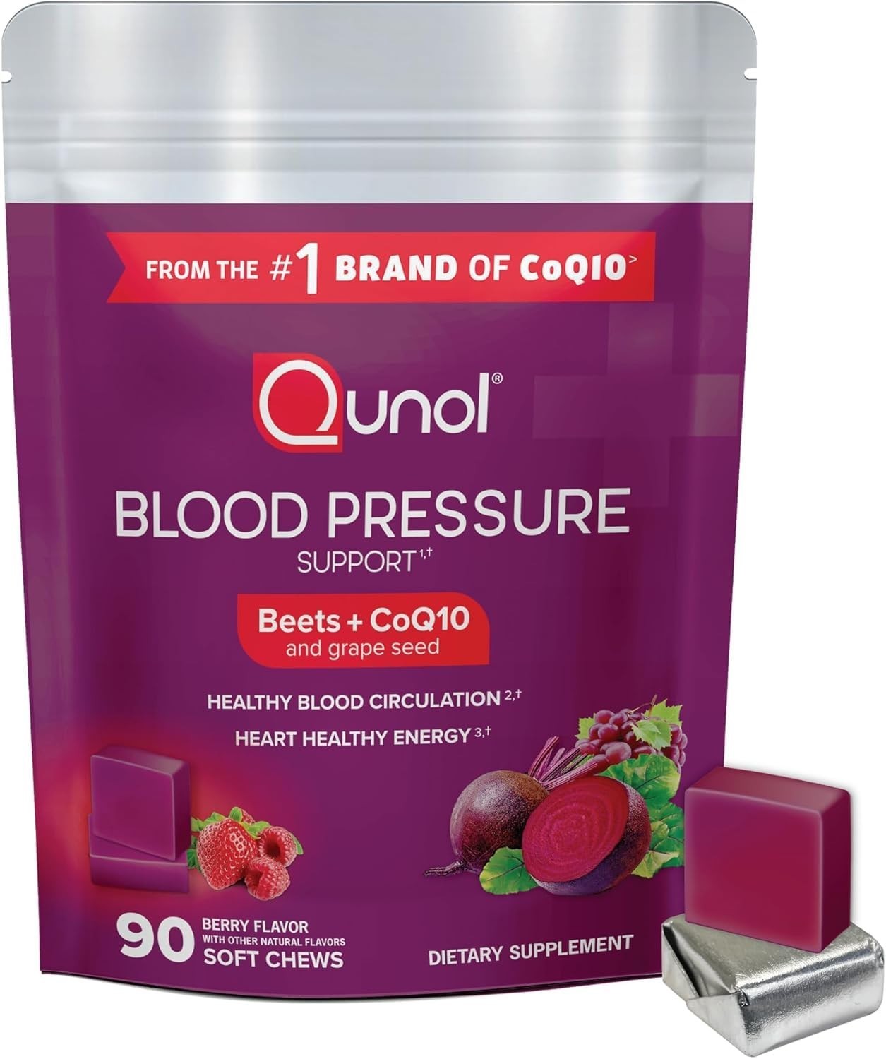 Beet Chews for Blood Pressure Support, 3-in-1 CoQ10 & Grape Seed Extract, 90 Che