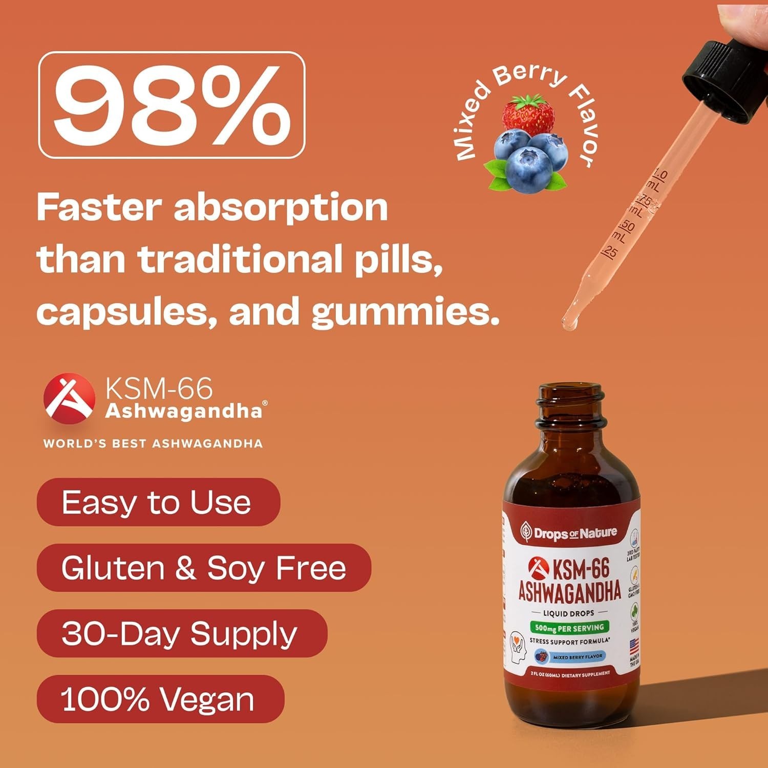 Mixed Berry KSM-66 Ashwagandha Drops – Boost Focus & Energy, Formula, 60ml