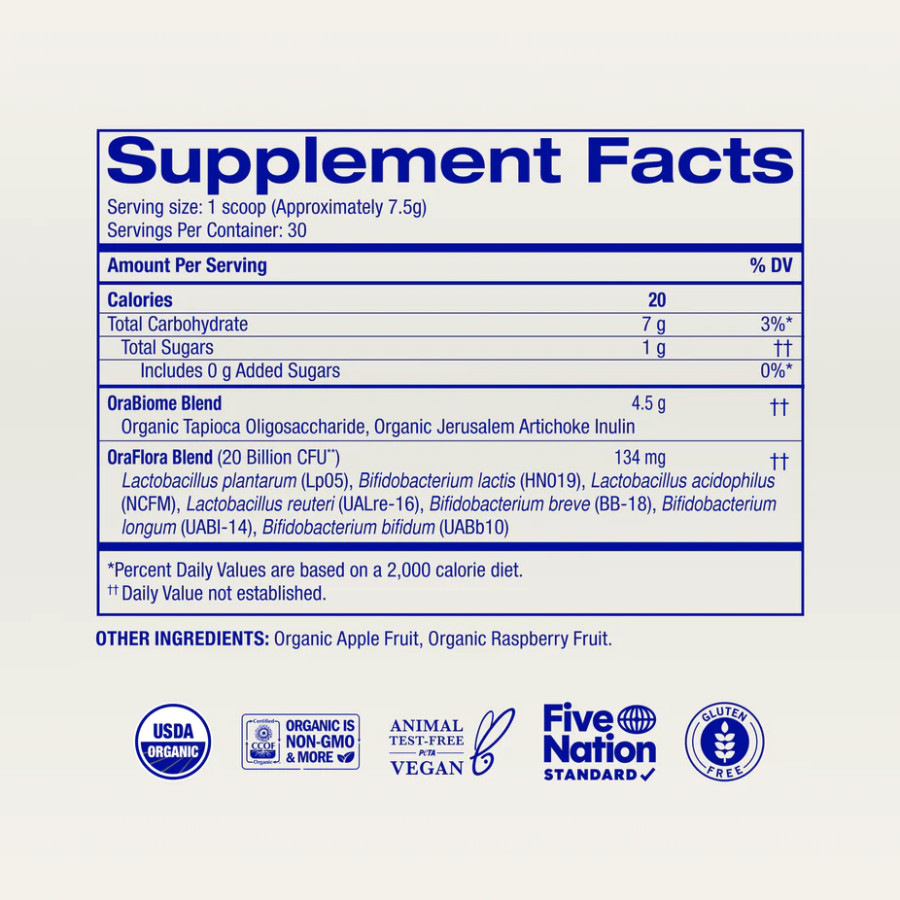 Ora Organic Probiotic & Prebiotic Powder Supplement, Apple Raspberry 30 Srv