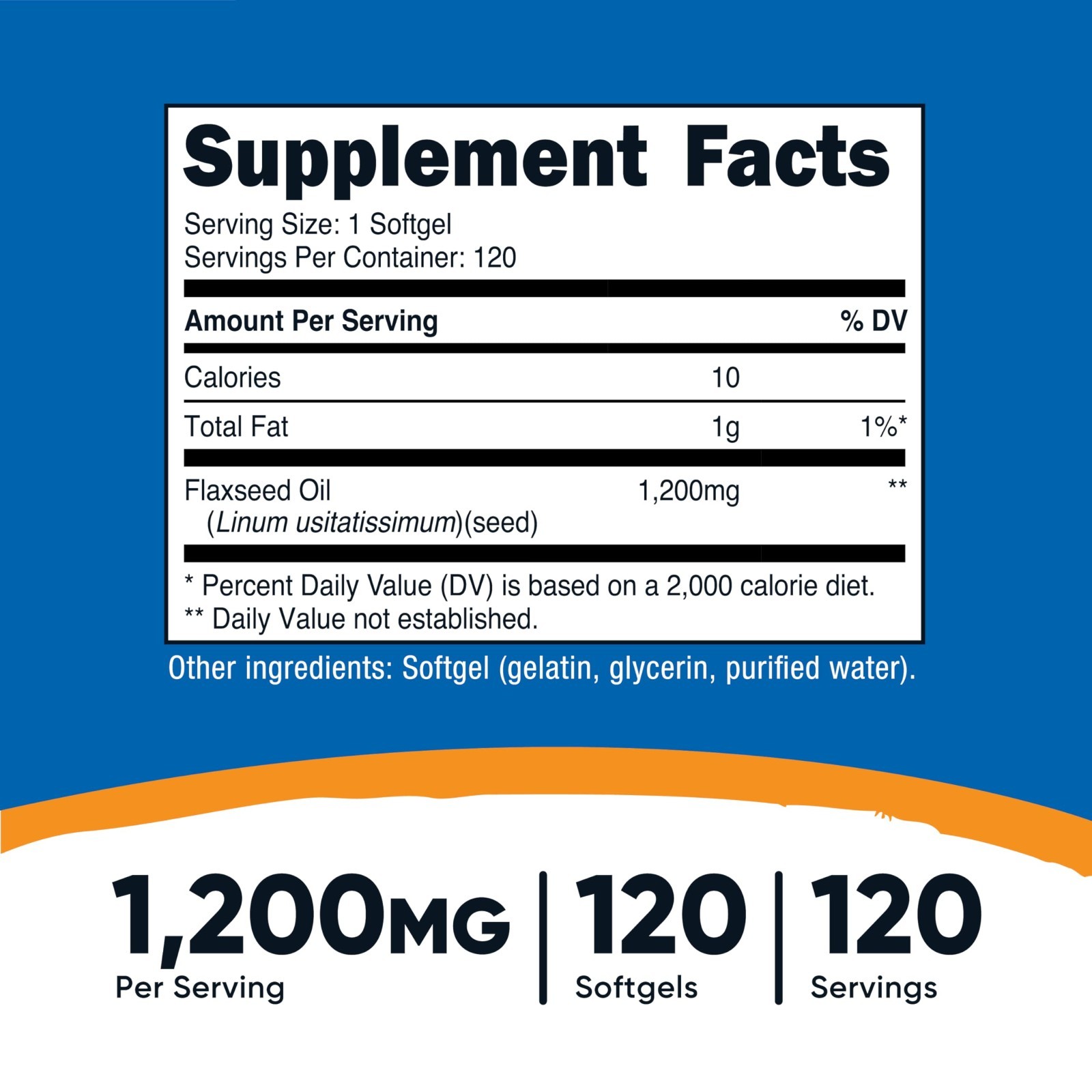 Flaxseed Oil 1200mg Softgels – Non-GMO, Gluten-Free, Omega-3 Rich, 120 Count