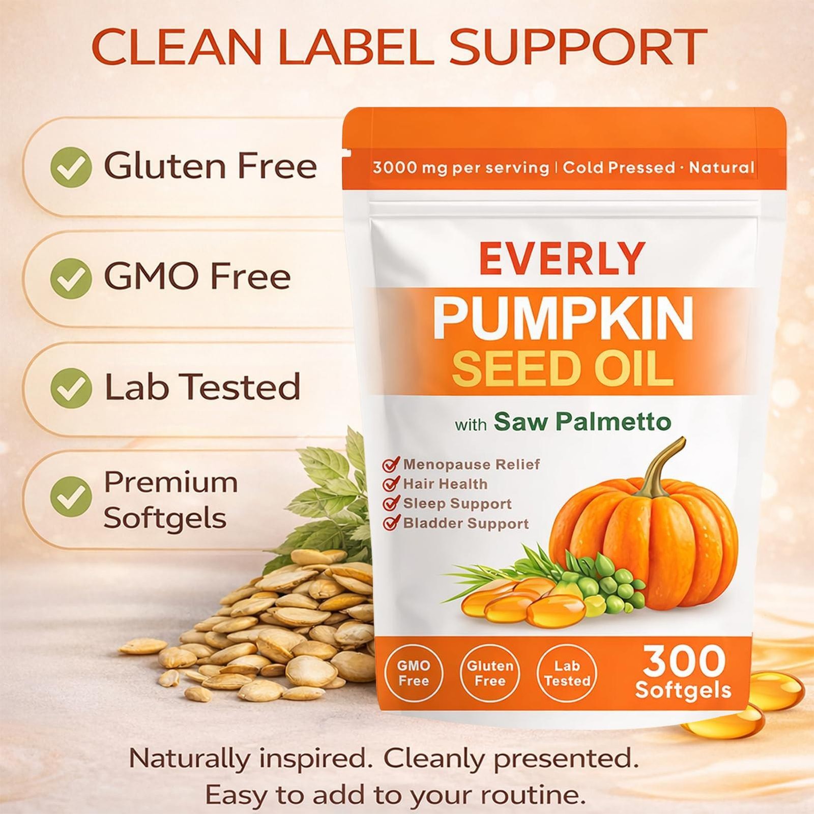 Everly Pumpkin Seed Oil with Saw Palmetto, 300 Softgels, Cold Pressed Pumpkin Se