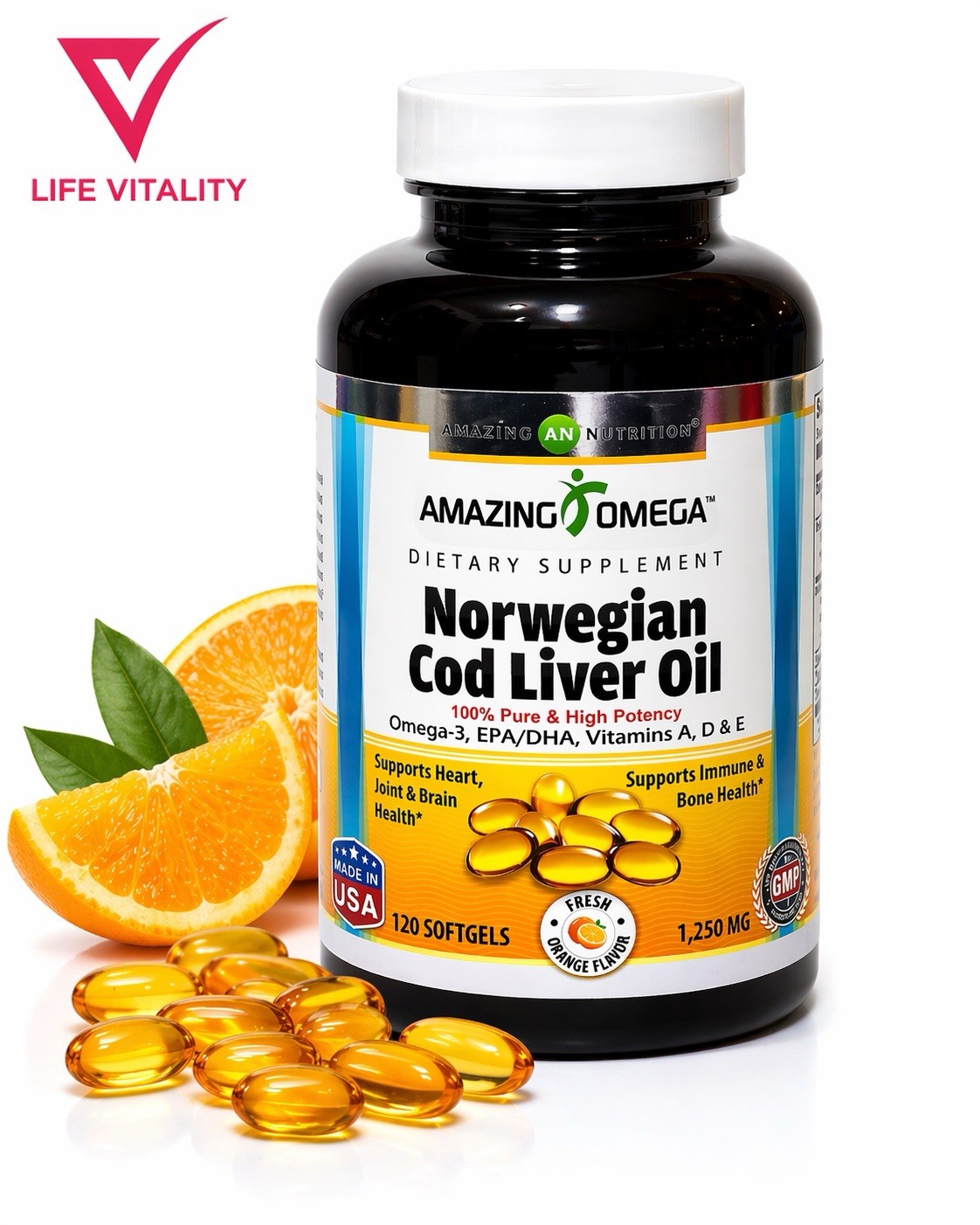 Norwegian Cod Liver Oil 1250 Mg Omega 3 EPA – DHA 120 Softgels Orange Flavor