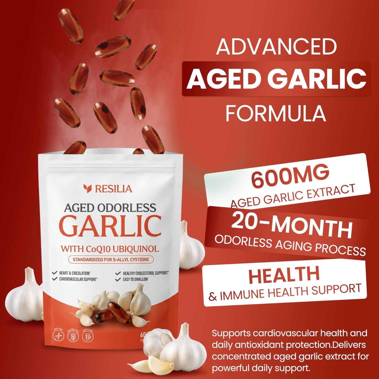 Resilia Garlic Extract 600mg Softgels (60 Count) Odorless Aged Garlic Extra