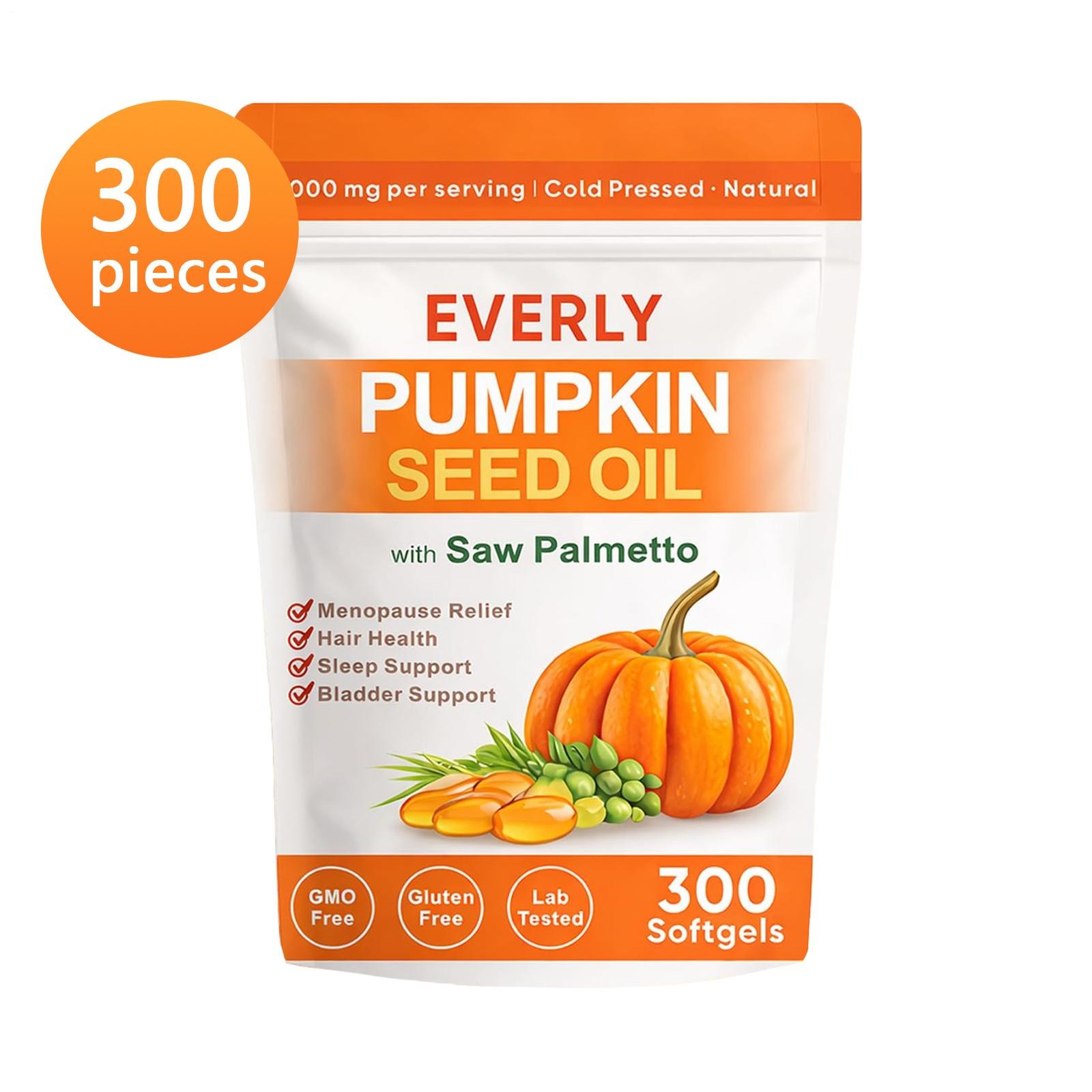 Everly Pumpkin Seed Oil with Saw Palmetto, 300 Softgels, Cold Pressed Pumpkin Se