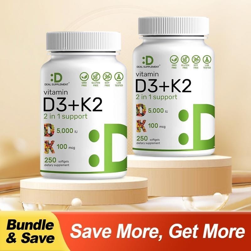 NEW Vitamin D3 5000 IU with K2 MK7 250 Veggie Softgels Bone Immune Support