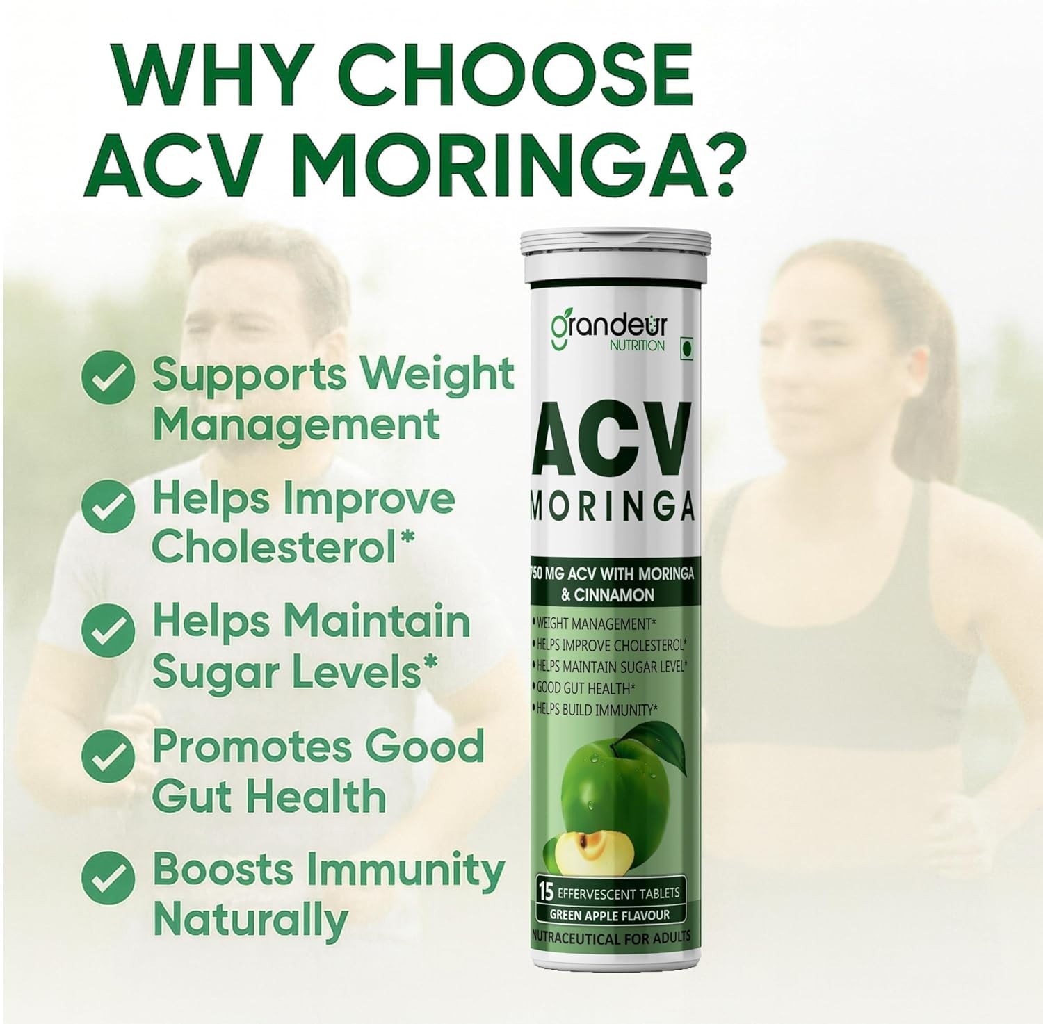 Grandeur ACV Moringa For Weight Management, Apple Cider Vinegar 15 Tablets Pack4