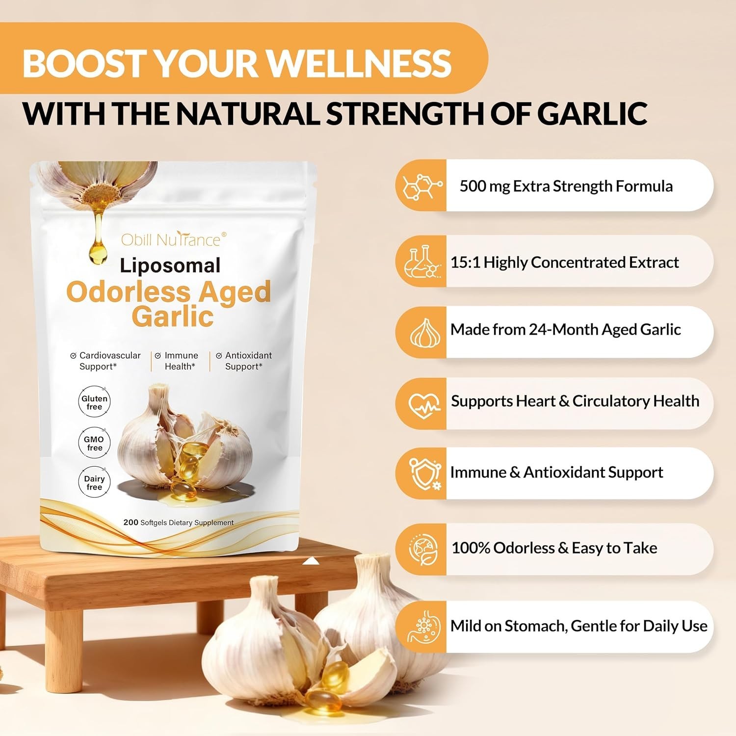 Obill NuTrance Aged Garlic Extract, Odorless Organic Garlic Supplements, 2 Years