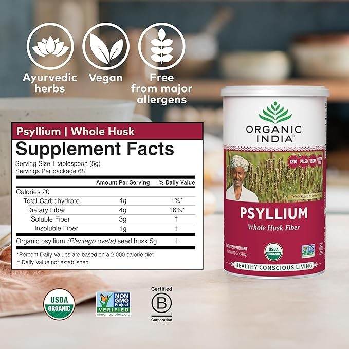 02 Pack ORGANIC INDIA Whole Psyllium Husk fiber Powder Organic – 12 oz USA 2026