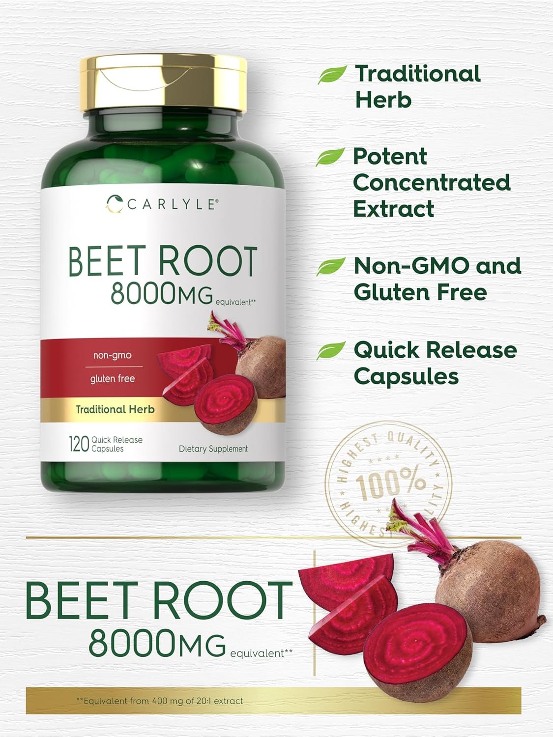Carlyle Beet Root Capsules 8000mg, 120 Count, Non-GMO & Gluten Free