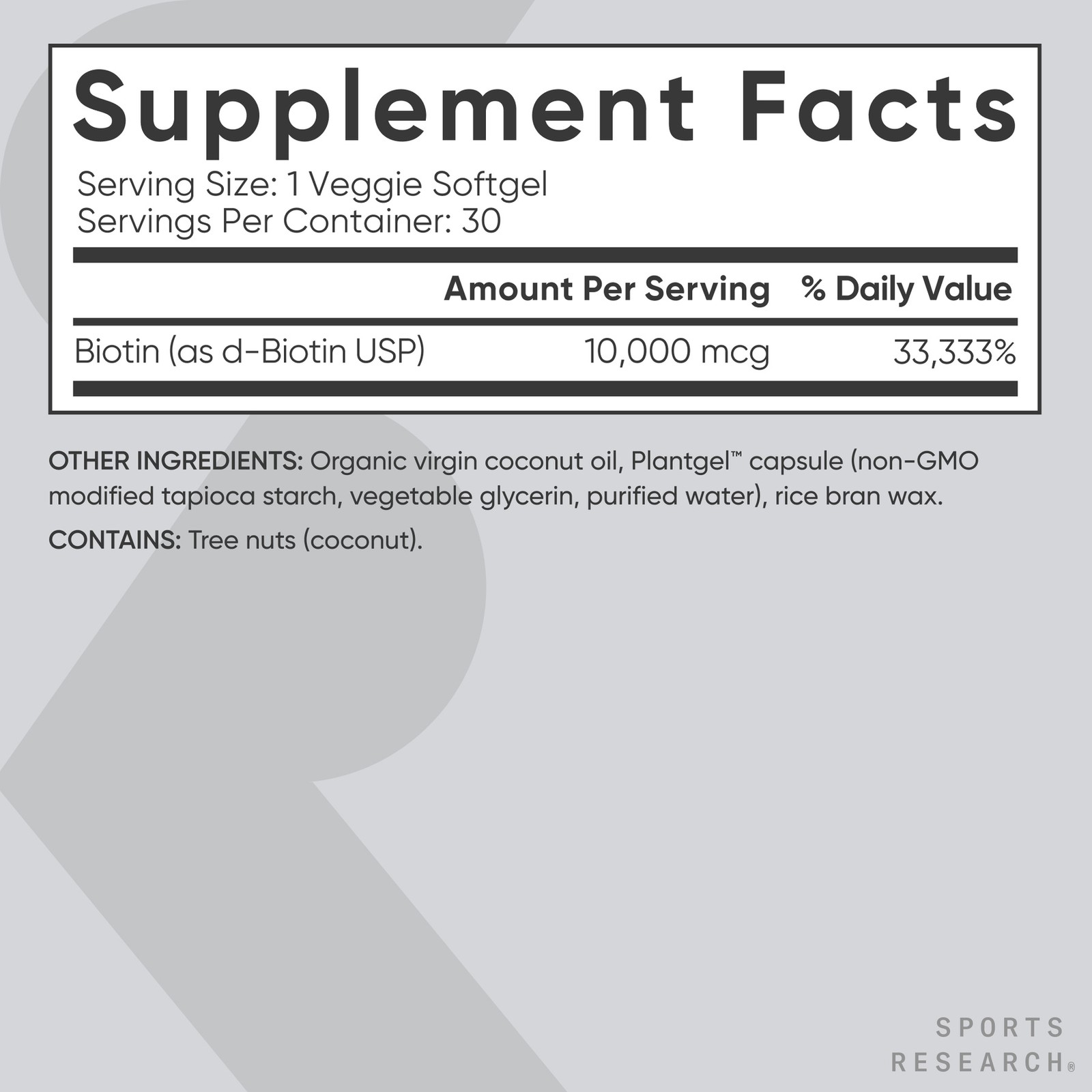 Vegan Biotin 10,000mcg w/ Coconut Oil Max Strength 30 Veggie Softgels Non-GMO