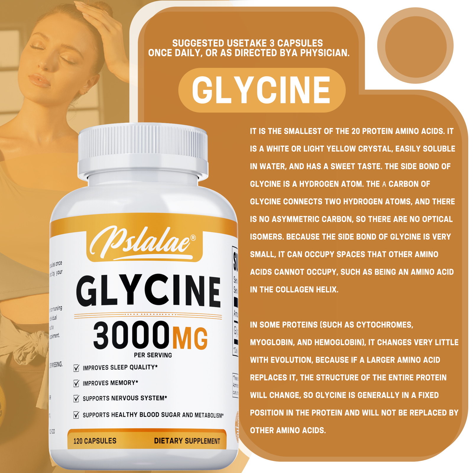 Glycine 3000mg – Sleep,Muscle Support Stress & Anxiety Relief, High Strength
