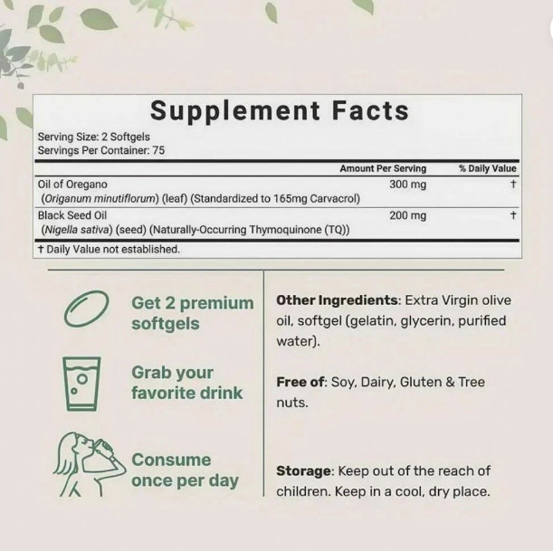 2 in 1 Oil of Oregano & Black Seed Softgels Count with Carvacrol,Immune Supports