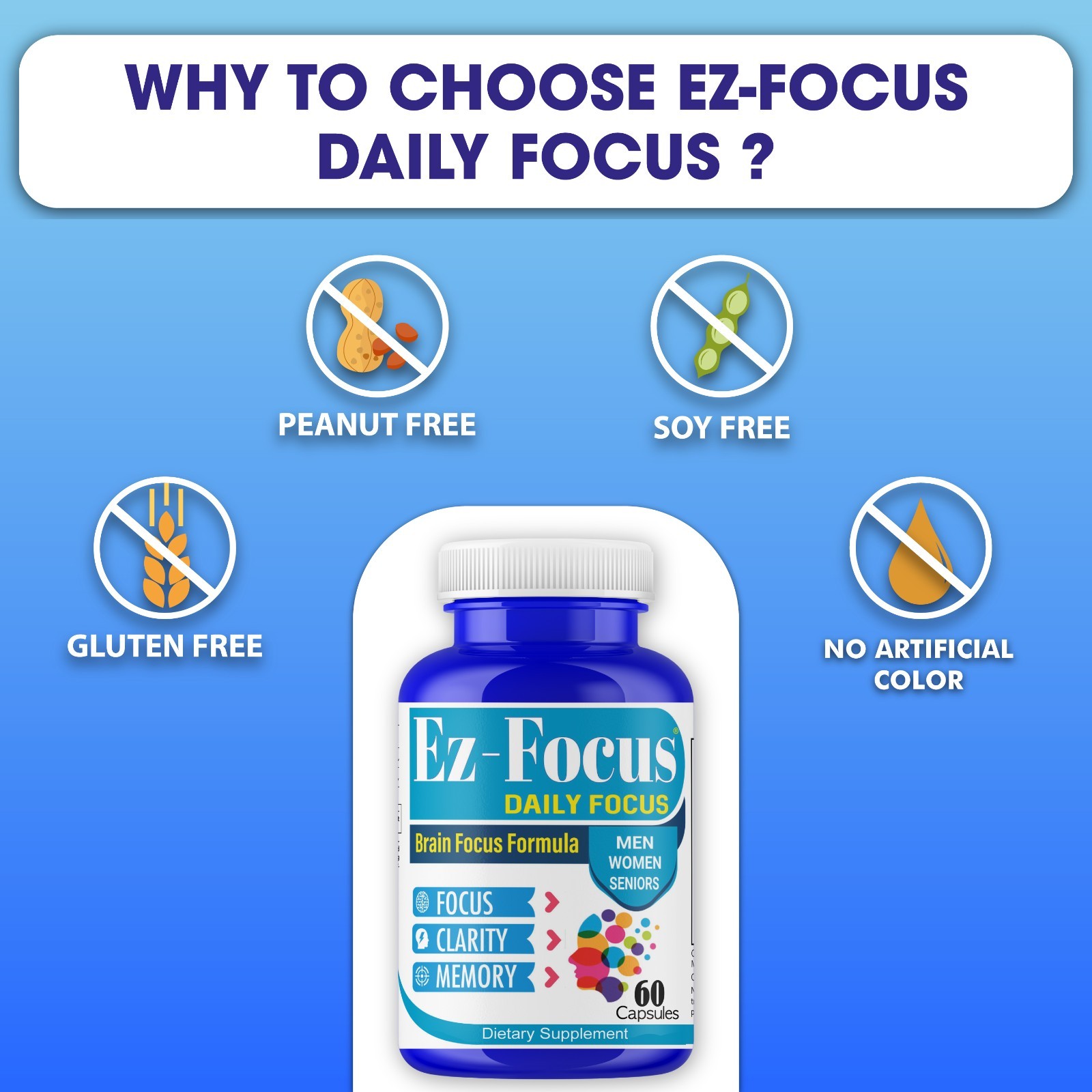 Adult Vitamin Brain Boost Nootropics for Focus Memory Clarity Sharp Mind 60Caps