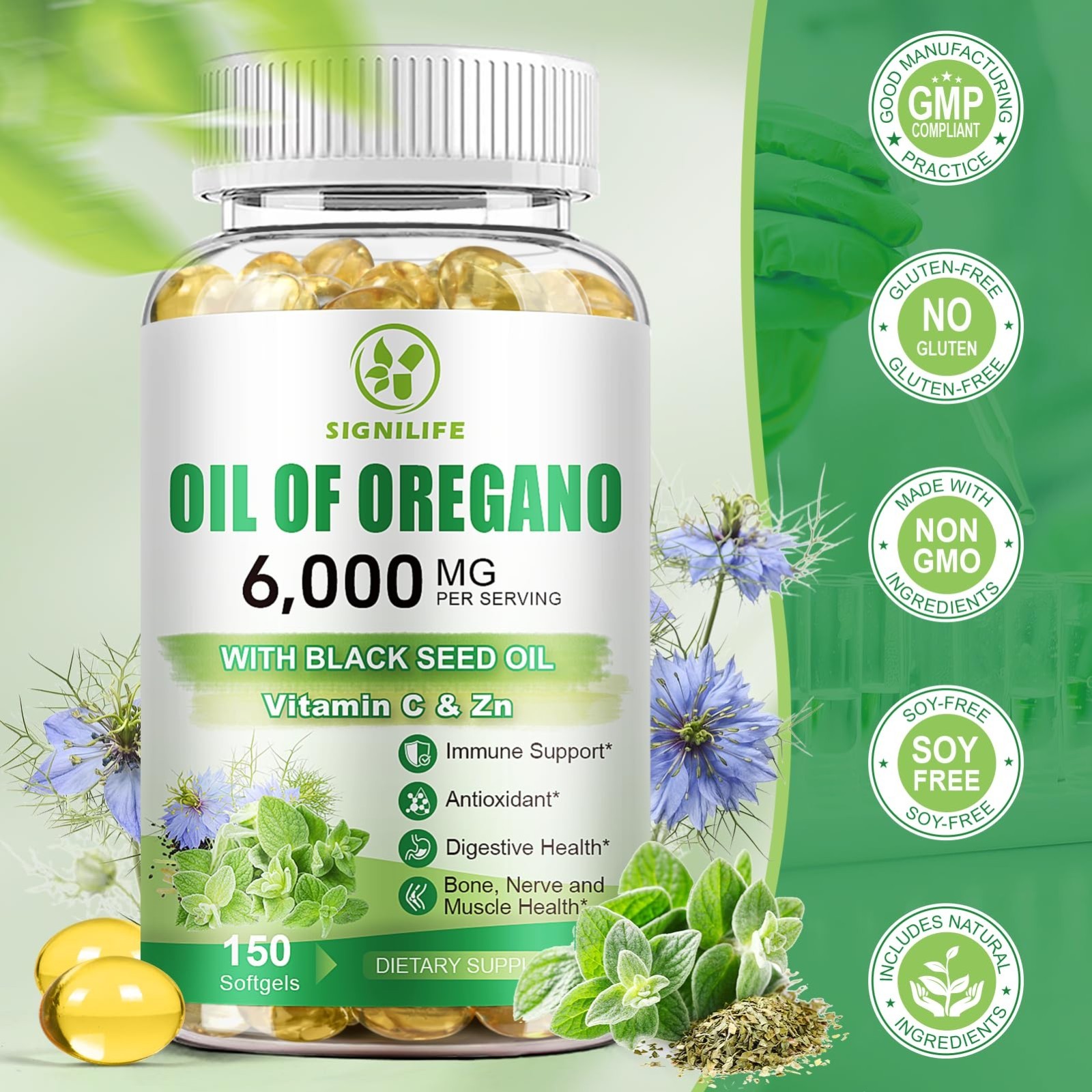 Oregano Oil & Black Seed Oil 6000mg, 150 Softgels | Immune Support, Antioxidant,