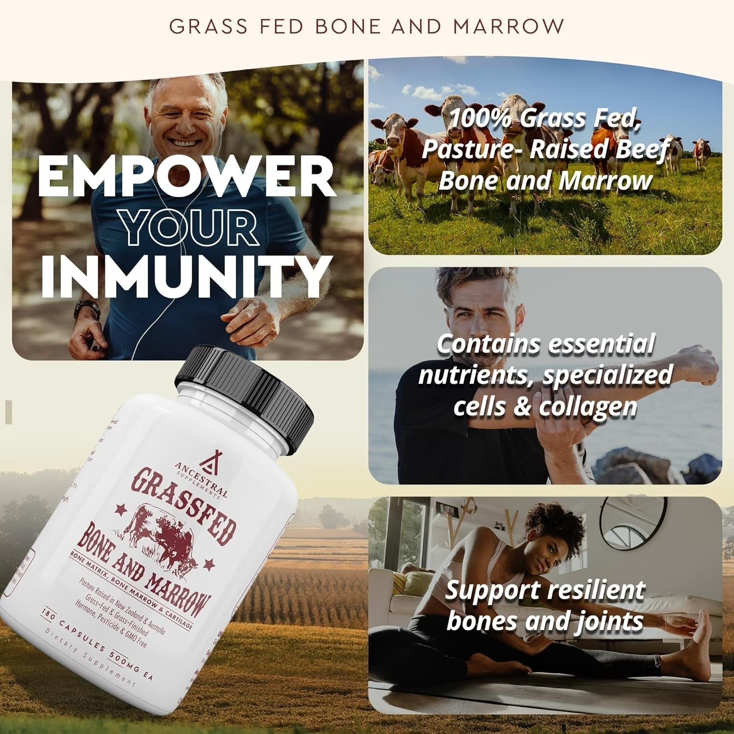 Ancestral Supplements Grass Fed Bone Marrow – 180 Capsules – New – Free SHIPPING