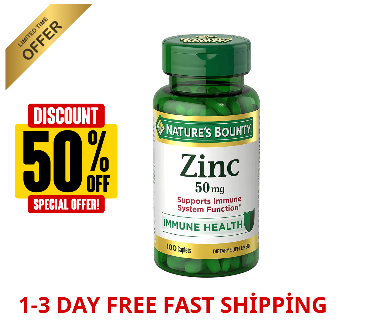 Zinc, Supports Immune System Function, Dietary Supplement, 50 Mg, Caplets, 100 C