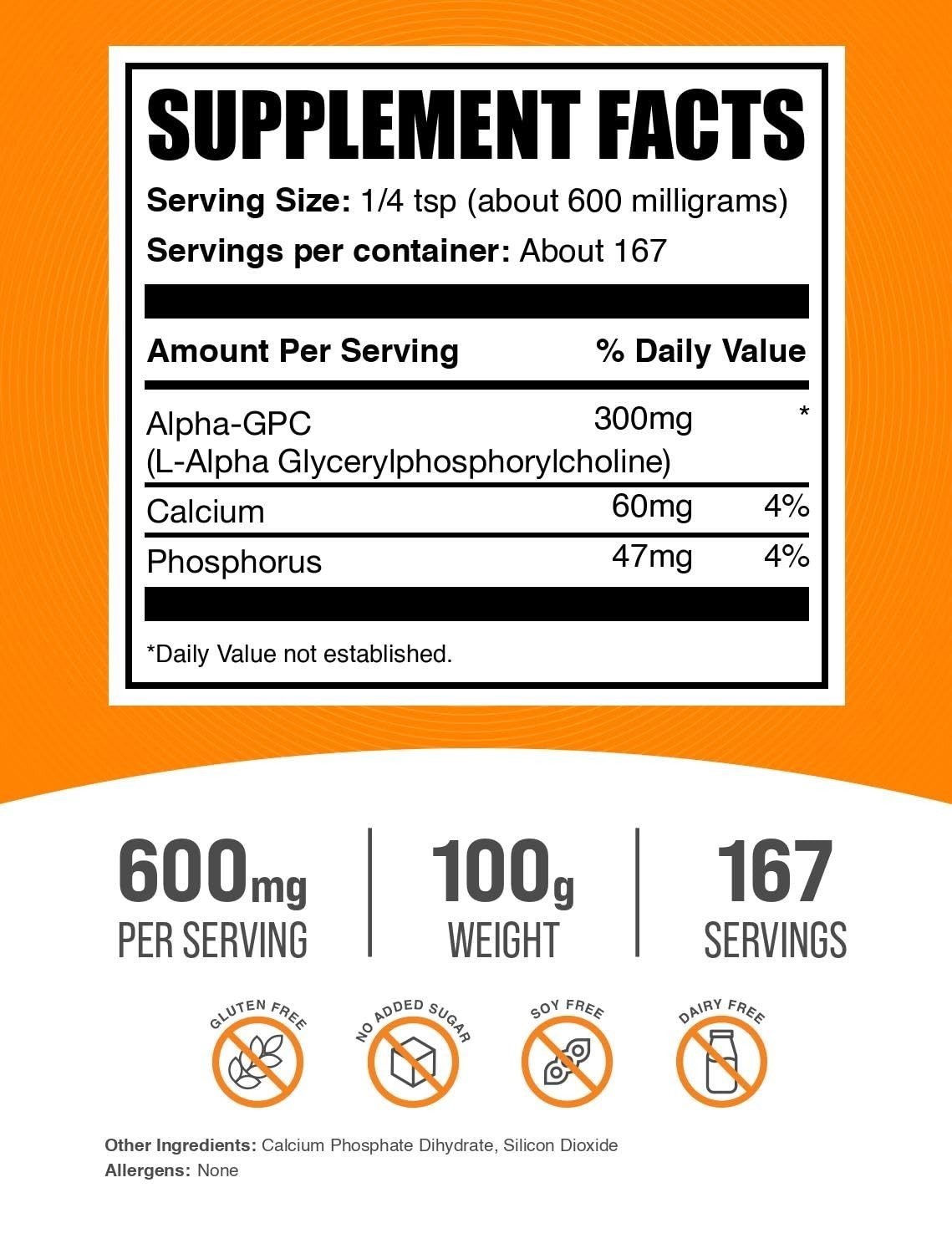 Alpha GPC Powder 300mg – Choline Supplement, Unflavored, Gluten-Free, 100g