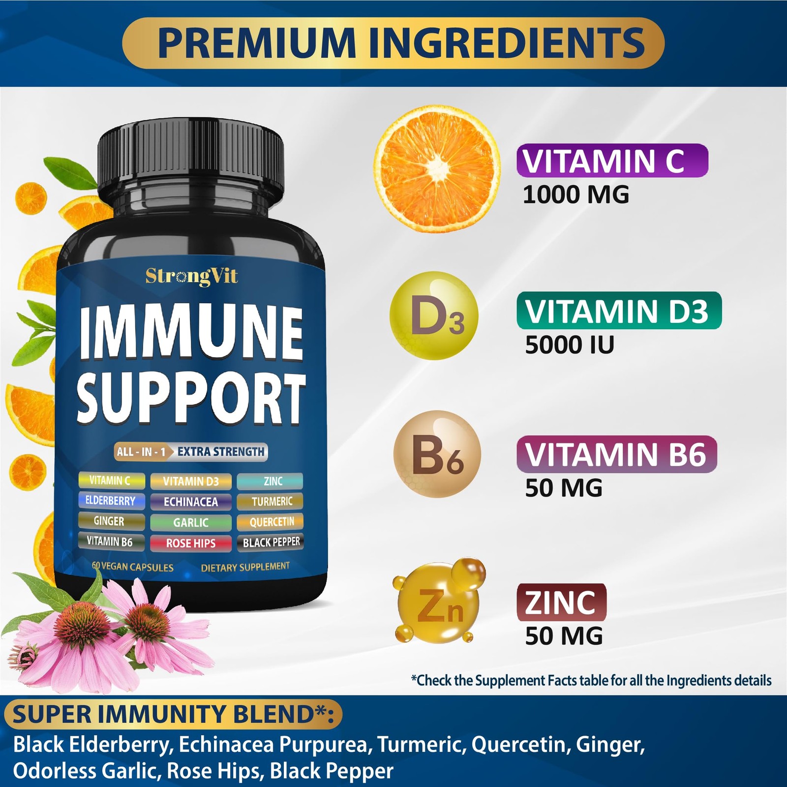 StrongVit Immune Support Supplement 12 in 1 Complex with 60 Count (Pack of 1)