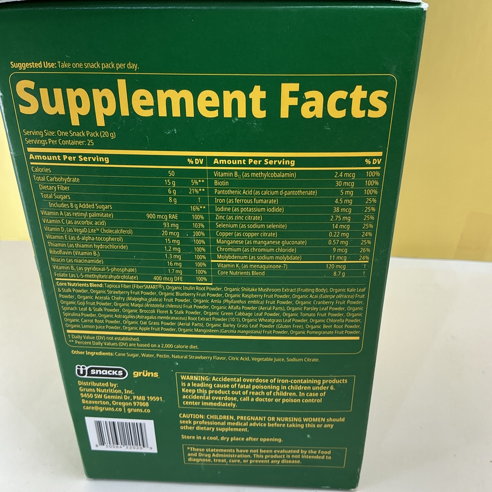 Gruns Adult Organic Superfood Greens Multivitamin Gummies, 25 Count