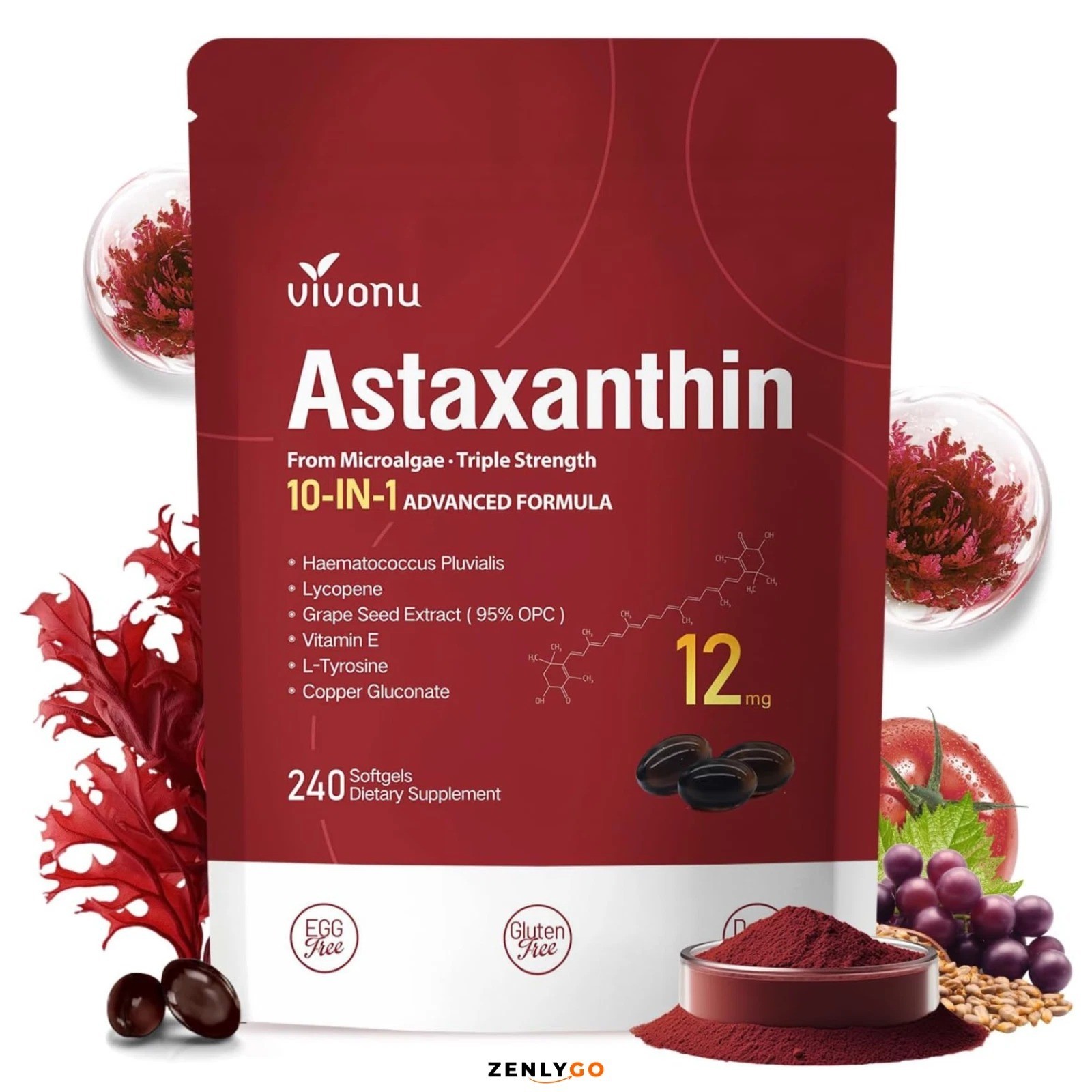Astaxanthin 12mg 240 Softgels, 4 Month Supply,Triple Strength,Non-GMO,Eye Health