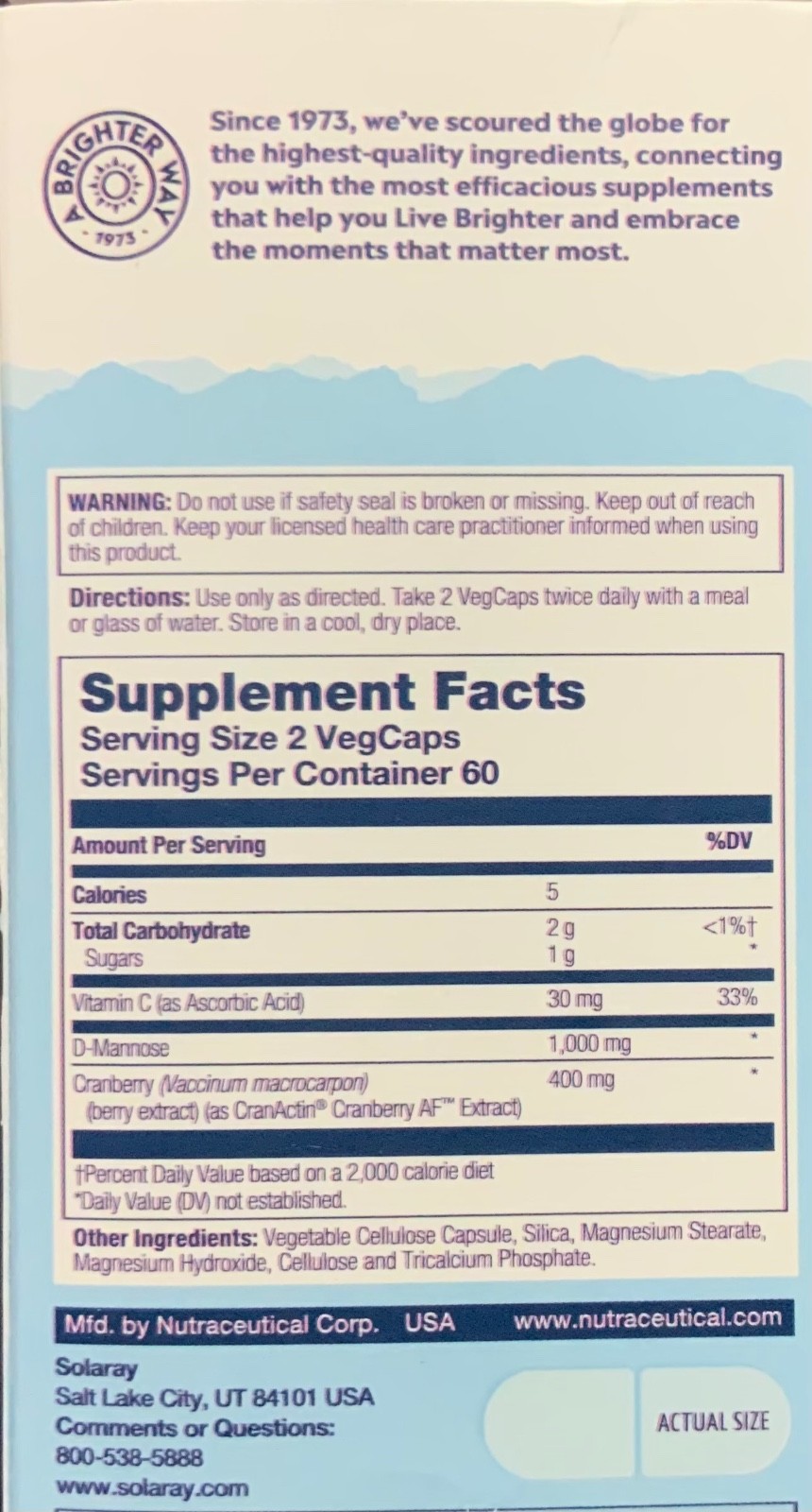 Solaray D-mannose 1000mg Urinary Tract Health 120VCaps Exp 04/2027
