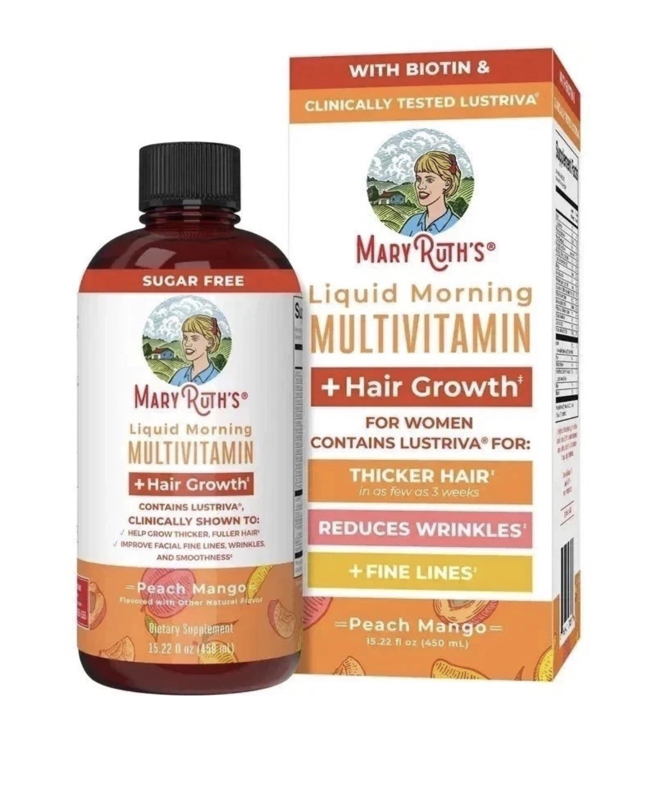 Liquid Morning Multivitamin + Hair Growth, Peach Mango, 15.22 fl oz (450 ml)