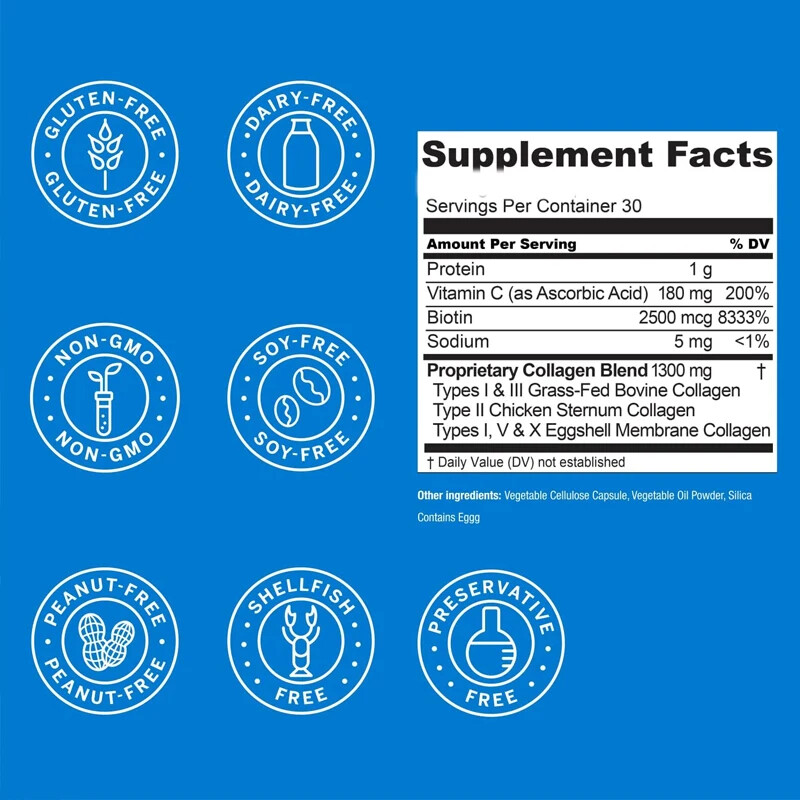 Type I, II, III, V, X Hydrolyzed Mixed Biotin and Vitamin C – Collagen Capsules