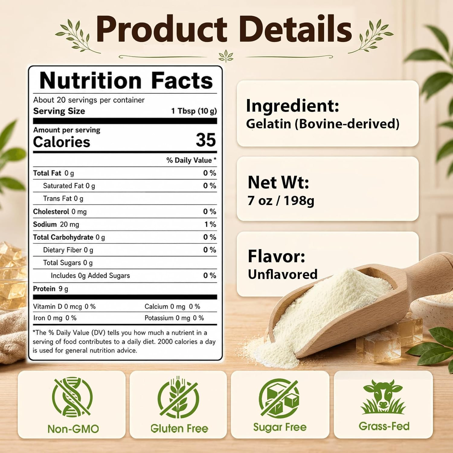 Unflavored Beef Gelatin Powder, 7 Oz / 198 G, Grass-Fed Gelatin Powder, Gluten F