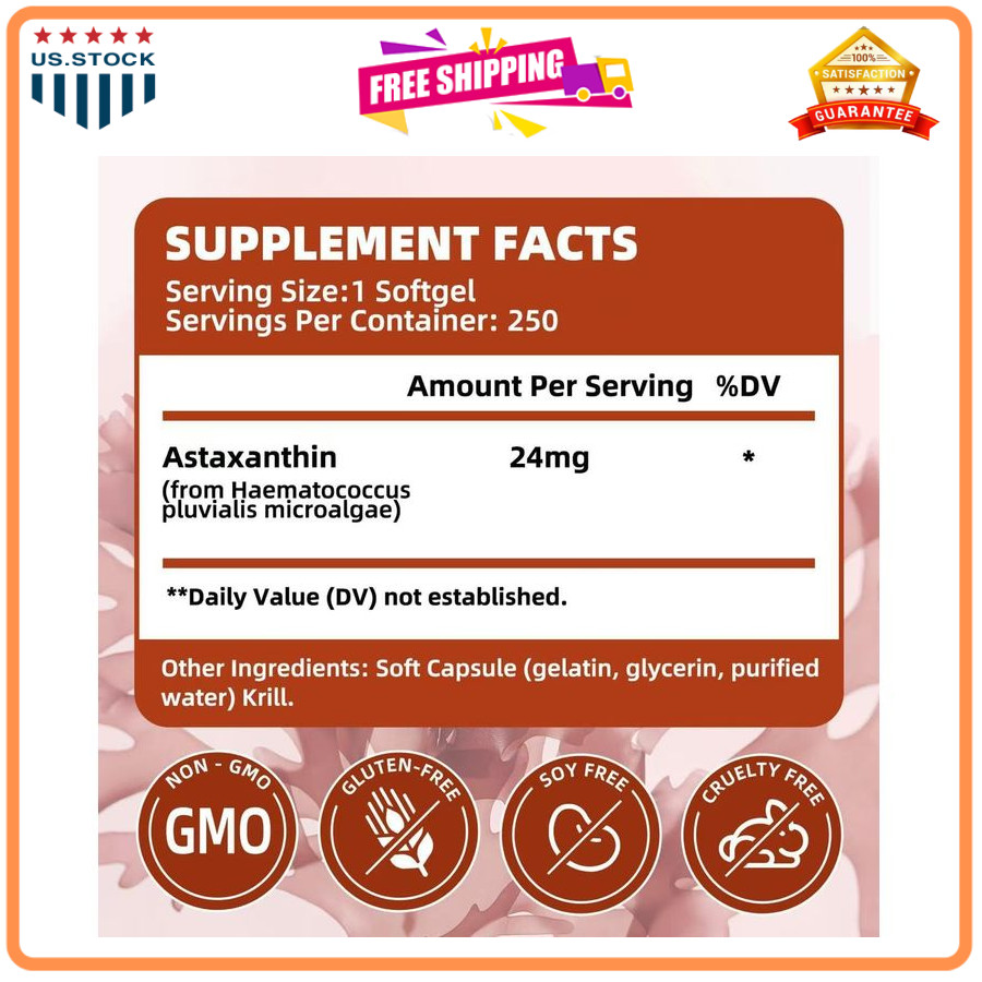ALLBIZ Astaxanthin 24mg 250 Softgels Antioxidant Eye Skin Brain Liver Support