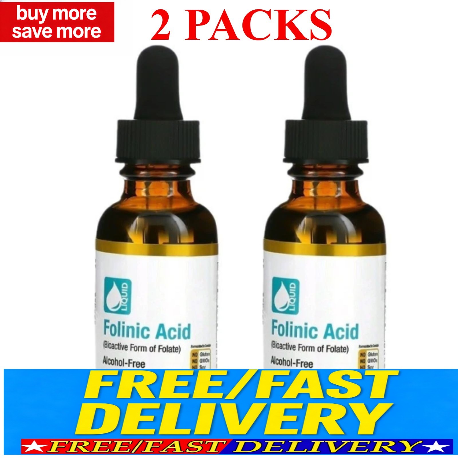 Folinic 2Pcs Acid Leucovorin Bioactive Form of Folate Alcohol Free 30ml/1 fl oz